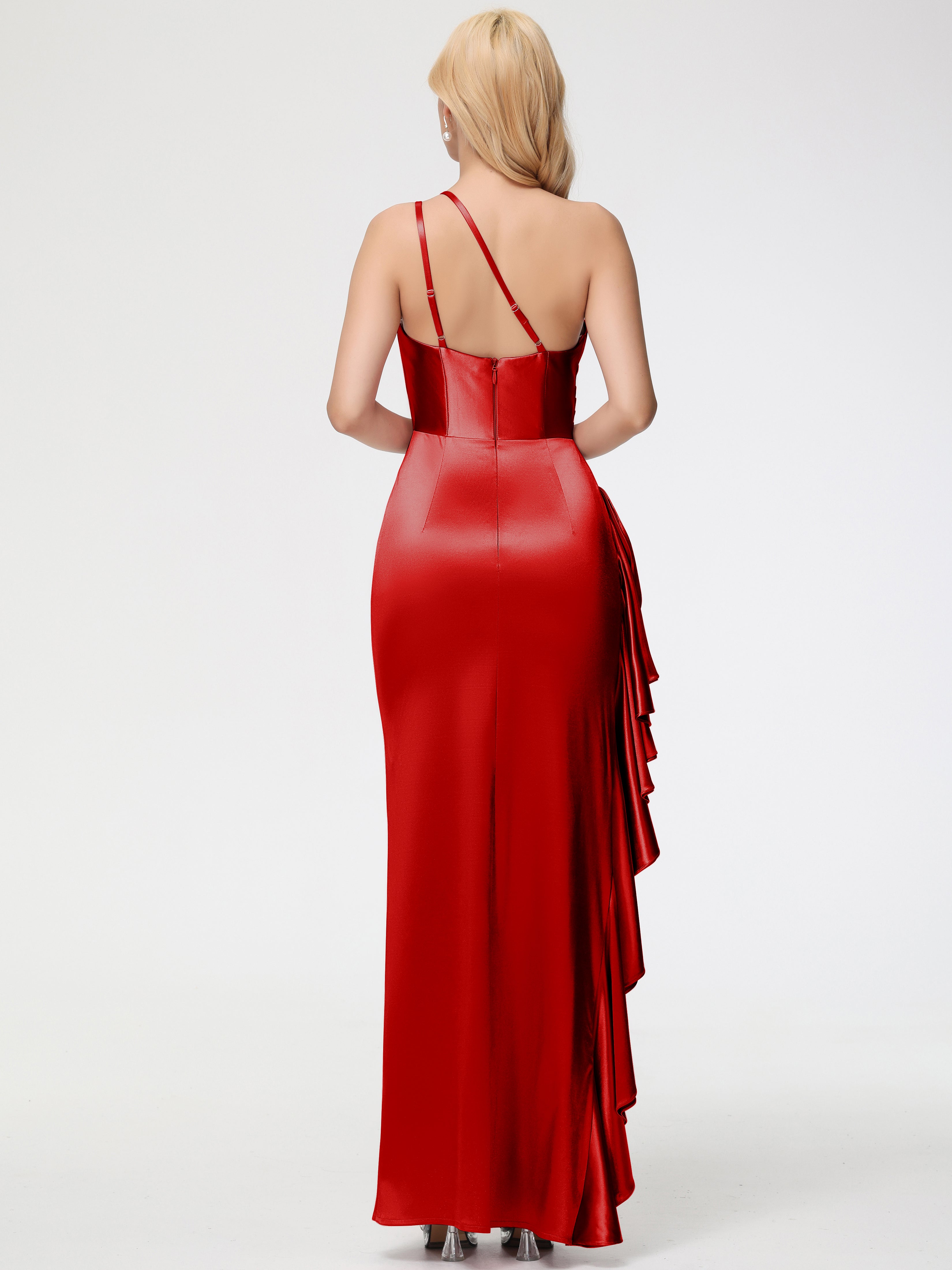 Robe De Demoiselle D Honneur Rouge Seule-épaule Robe Plisée Fourreau/Colonne Fendue Satin Extensible Robe De Demoiselle D'Honneur