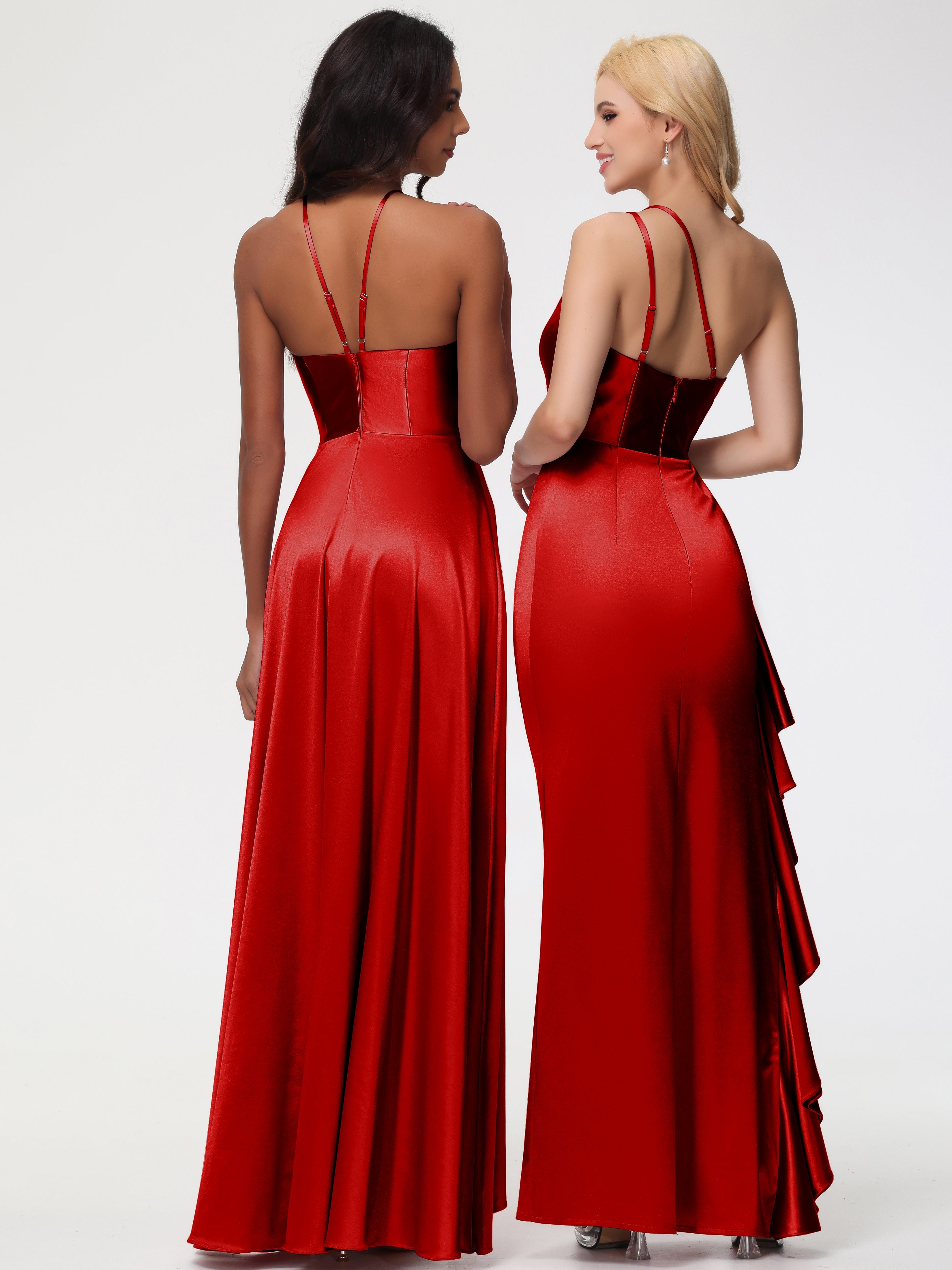 Robe De Demoiselle D Honneur Rouge Seule-épaule Robe Plisée Fourreau/Colonne Fendue Satin Extensible Robe De Demoiselle D'Honneur