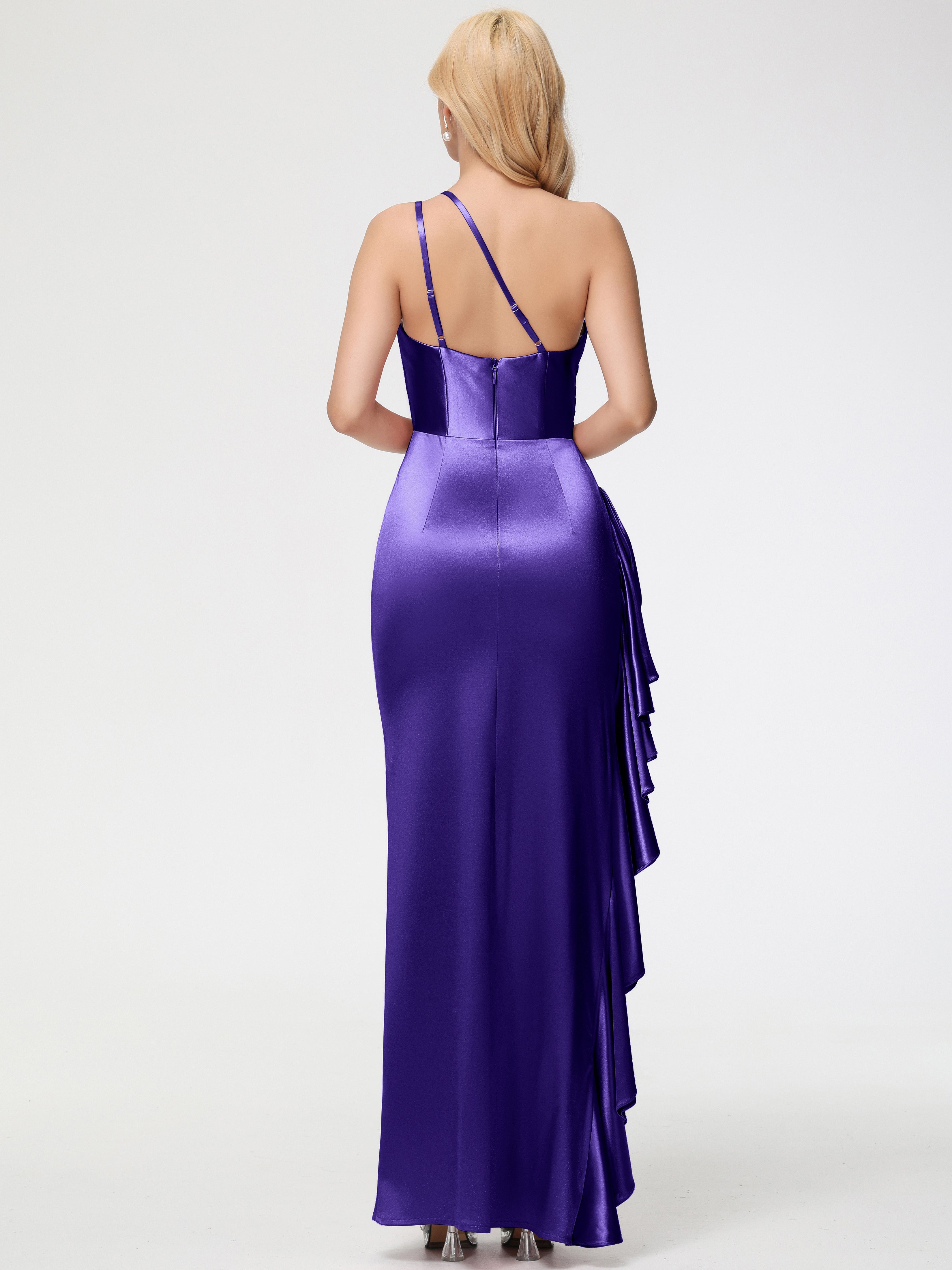 Robes De Demoiselle D'Honneur En Régence Seule-épaule Robe Plisée Fourreau/Colonne Fendue Satin Extensible Robe De Demoiselle D'Honneur