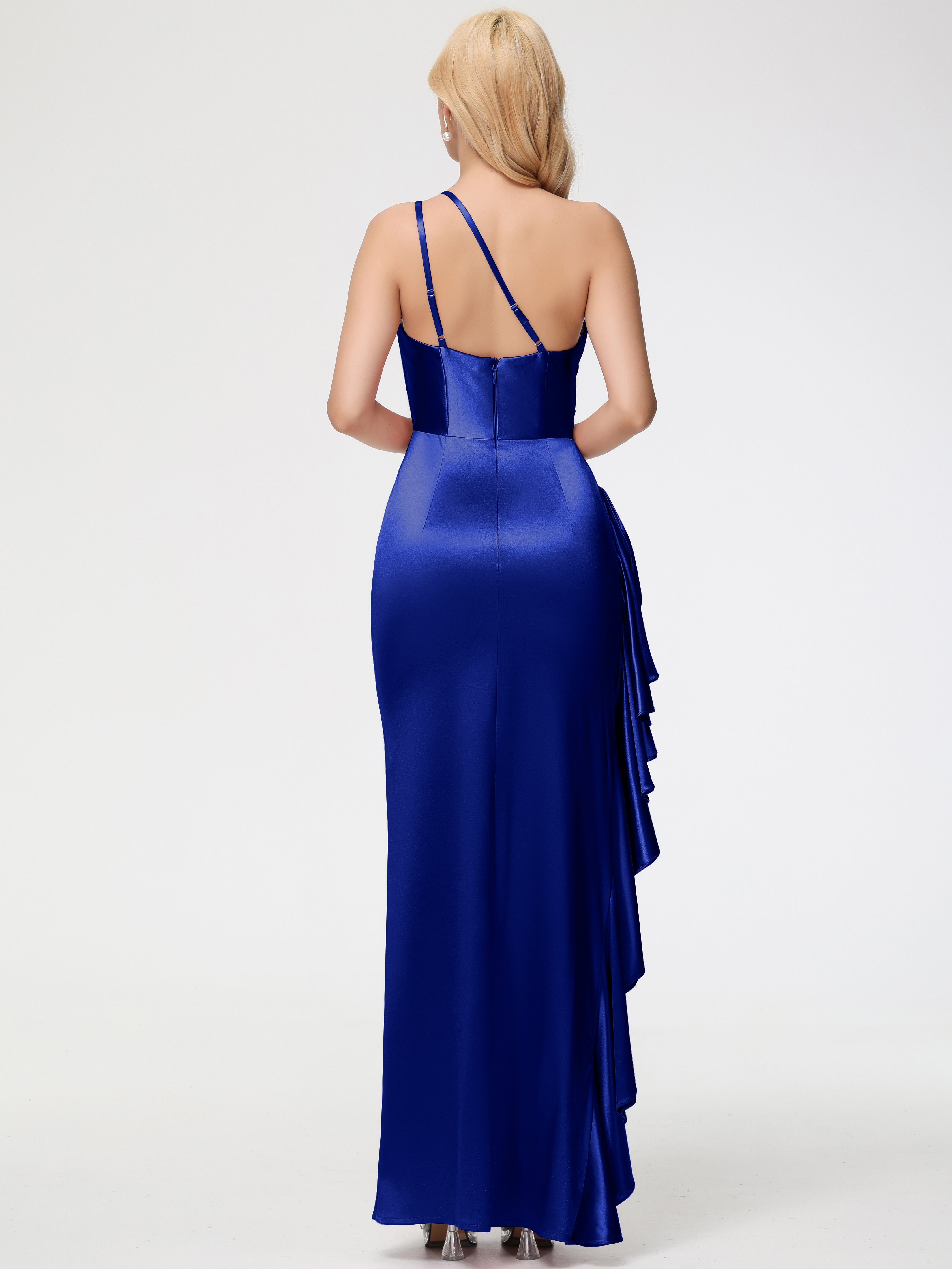 Robe De Demoiselle D Honneur Bleu Royal Seule-épaule Robe Plisée Fourreau/Colonne Fendue Satin Extensible Robe De Demoiselle D'Honneur