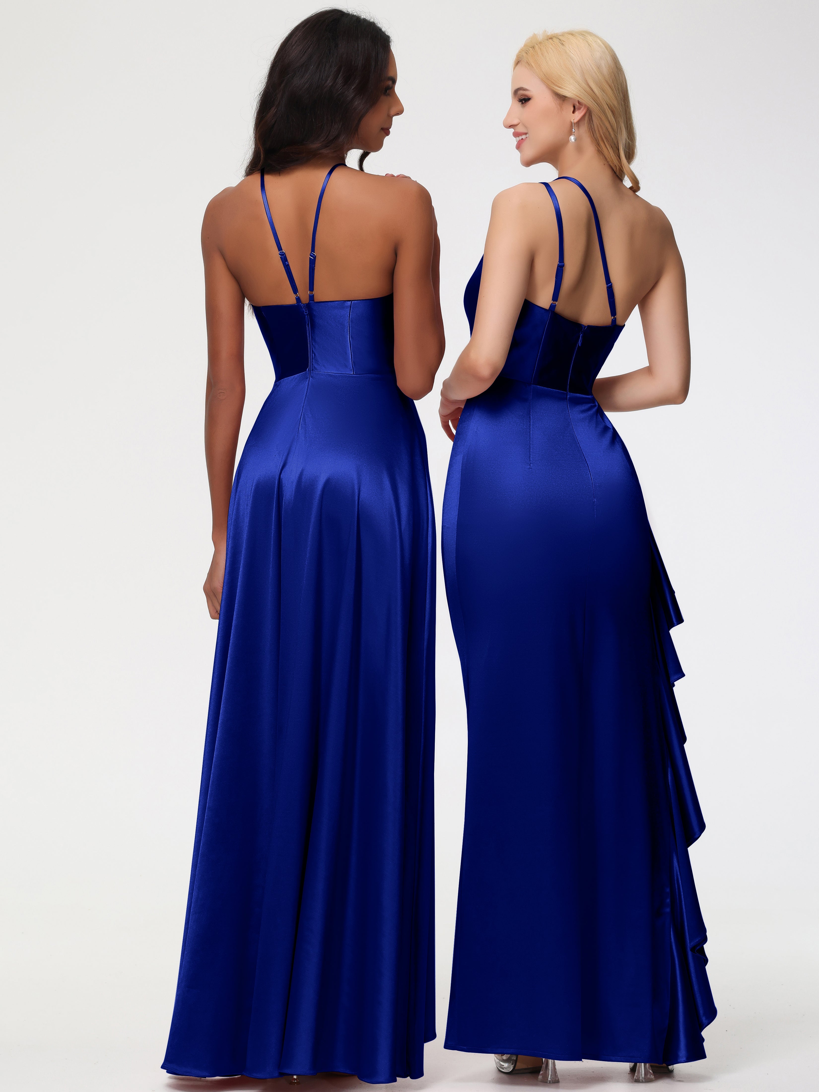 Robe De Demoiselle D Honneur Bleu Royal Seule-épaule Robe Plisée Fourreau/Colonne Fendue Satin Extensible Robe De Demoiselle D'Honneur