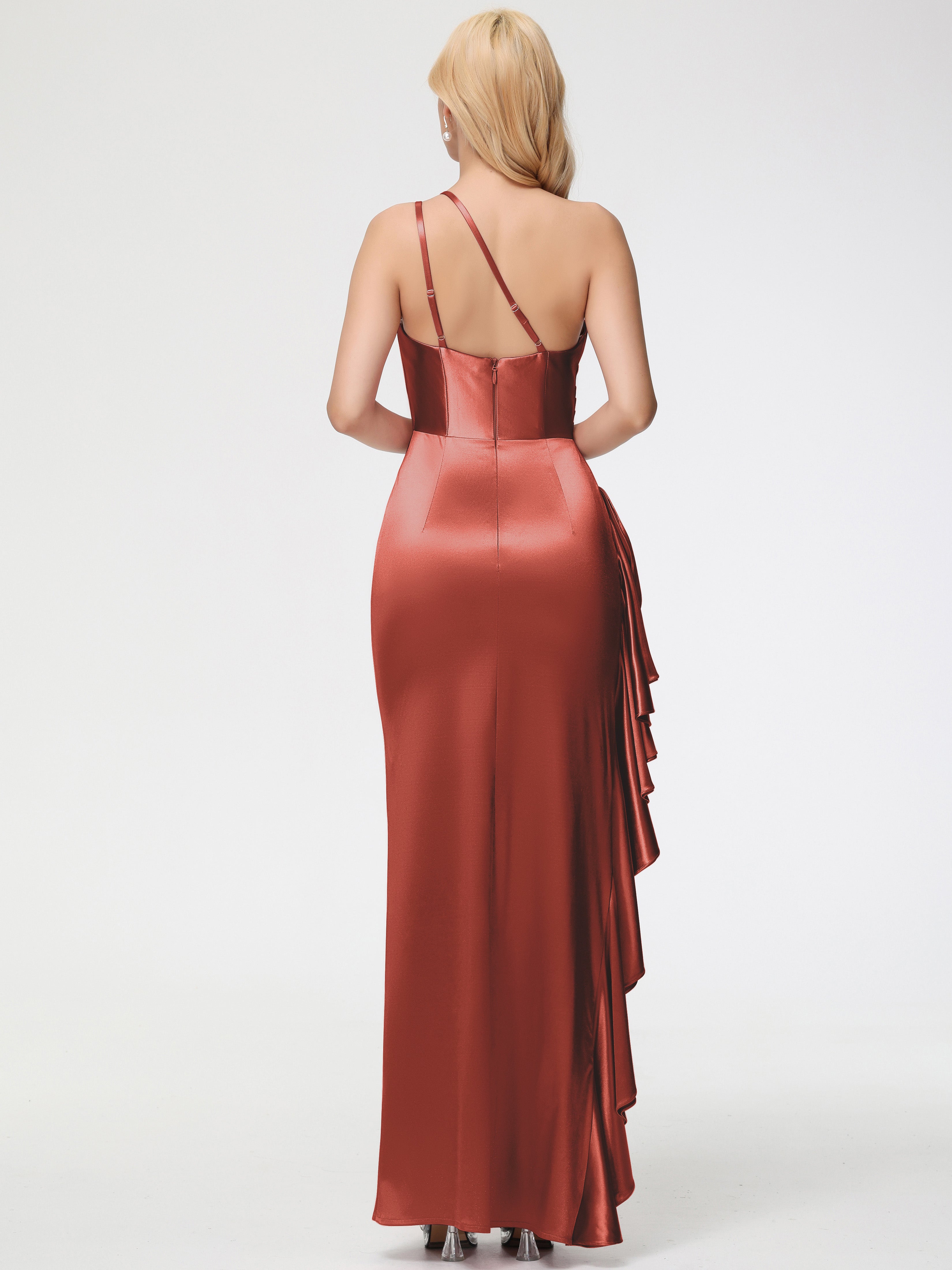 Robe Demoiselle D Honneur Couleur Rouille Seule-épaule Robe Plisée Fourreau/Colonne Fendue Satin Extensible