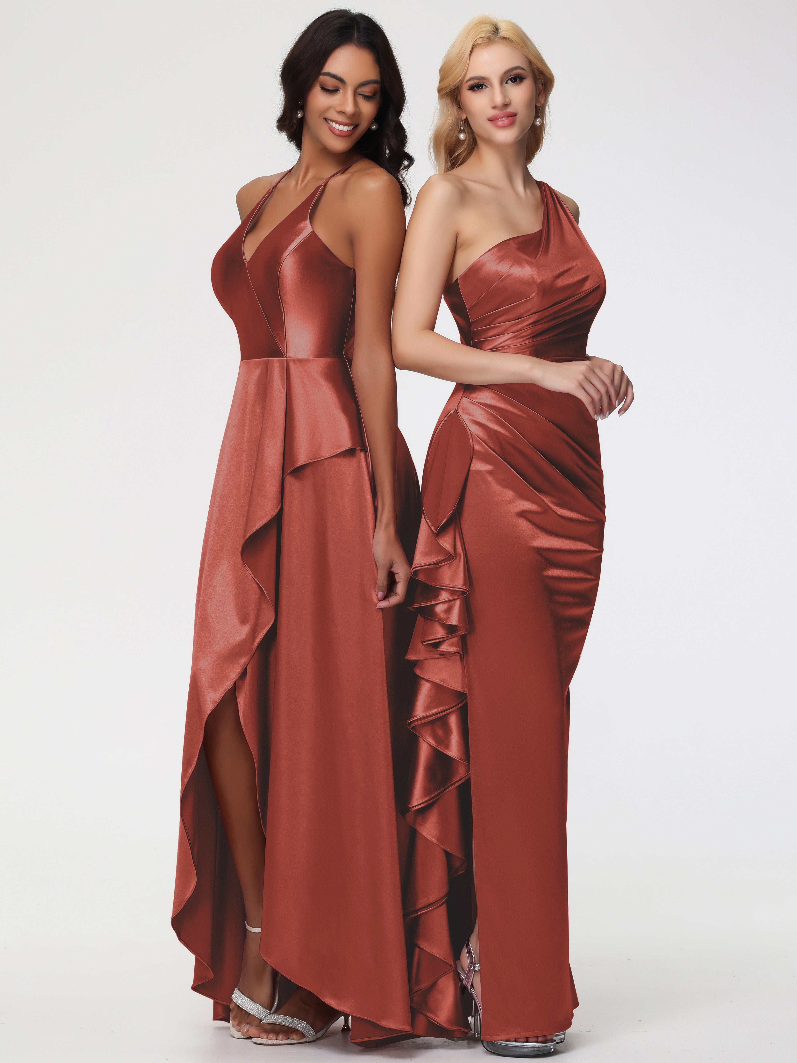 Robe Demoiselle D Honneur Couleur Rouille Seule-épaule Robe Plisée Fourreau/Colonne Fendue Satin Extensible