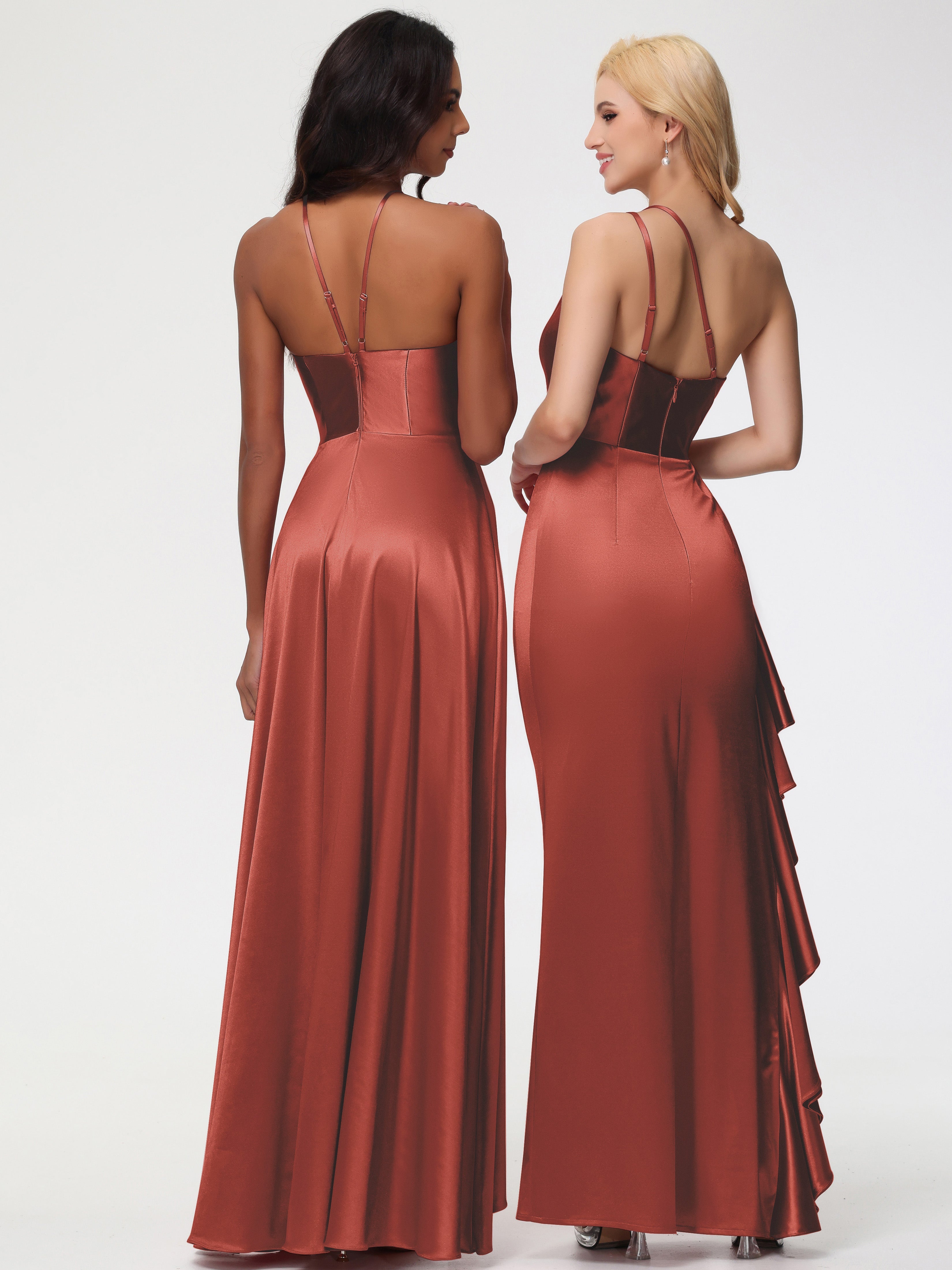 Robe Demoiselle D Honneur Couleur Rouille Seule-épaule Robe Plisée Fourreau/Colonne Fendue Satin Extensible