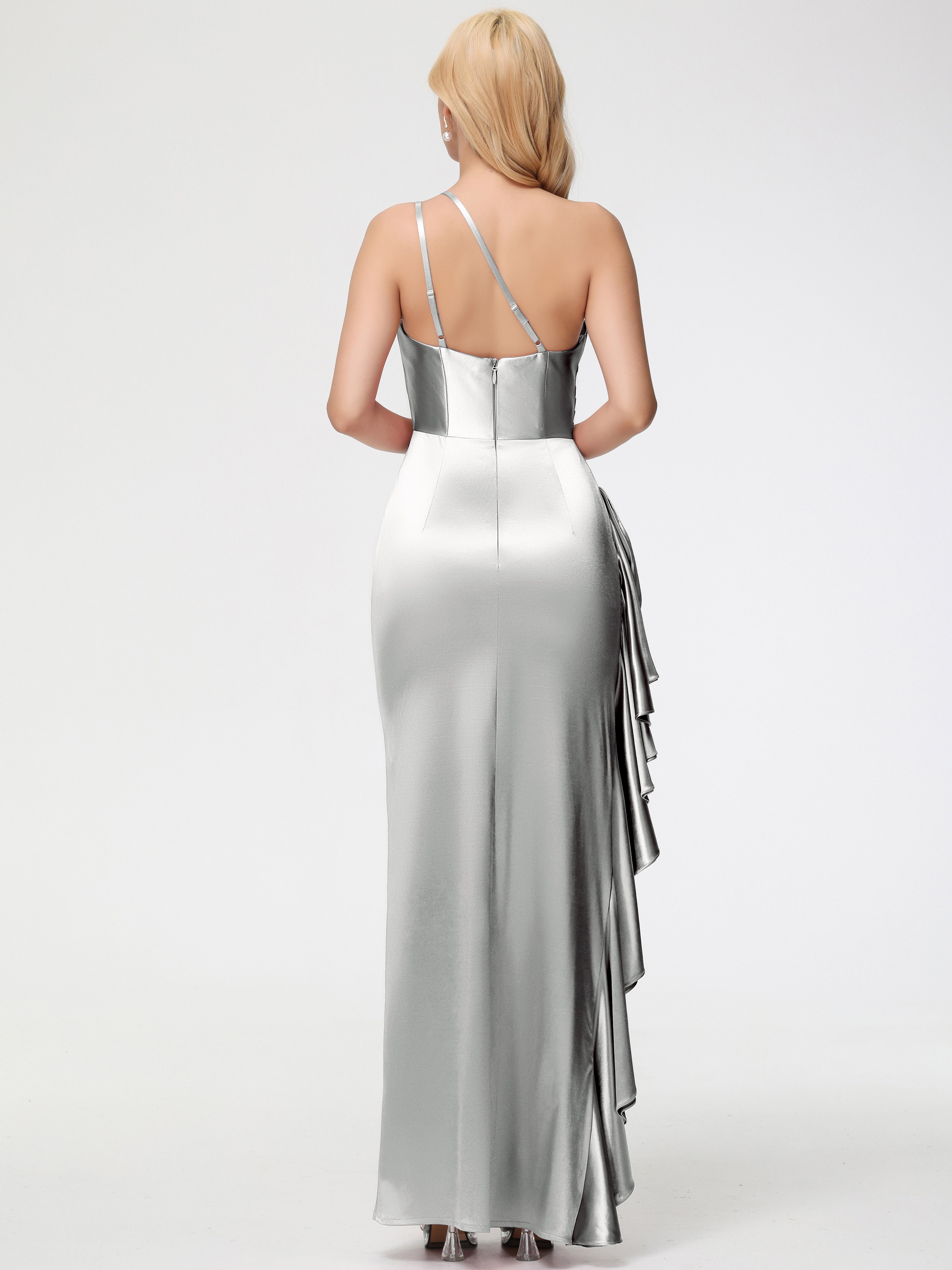 Robe Argentée Demoiselle D Honneur Seule-épaule Robe Plisée Fourreau/Colonne Fendue Satin Extensible Robe De Demoiselle D'Honneur