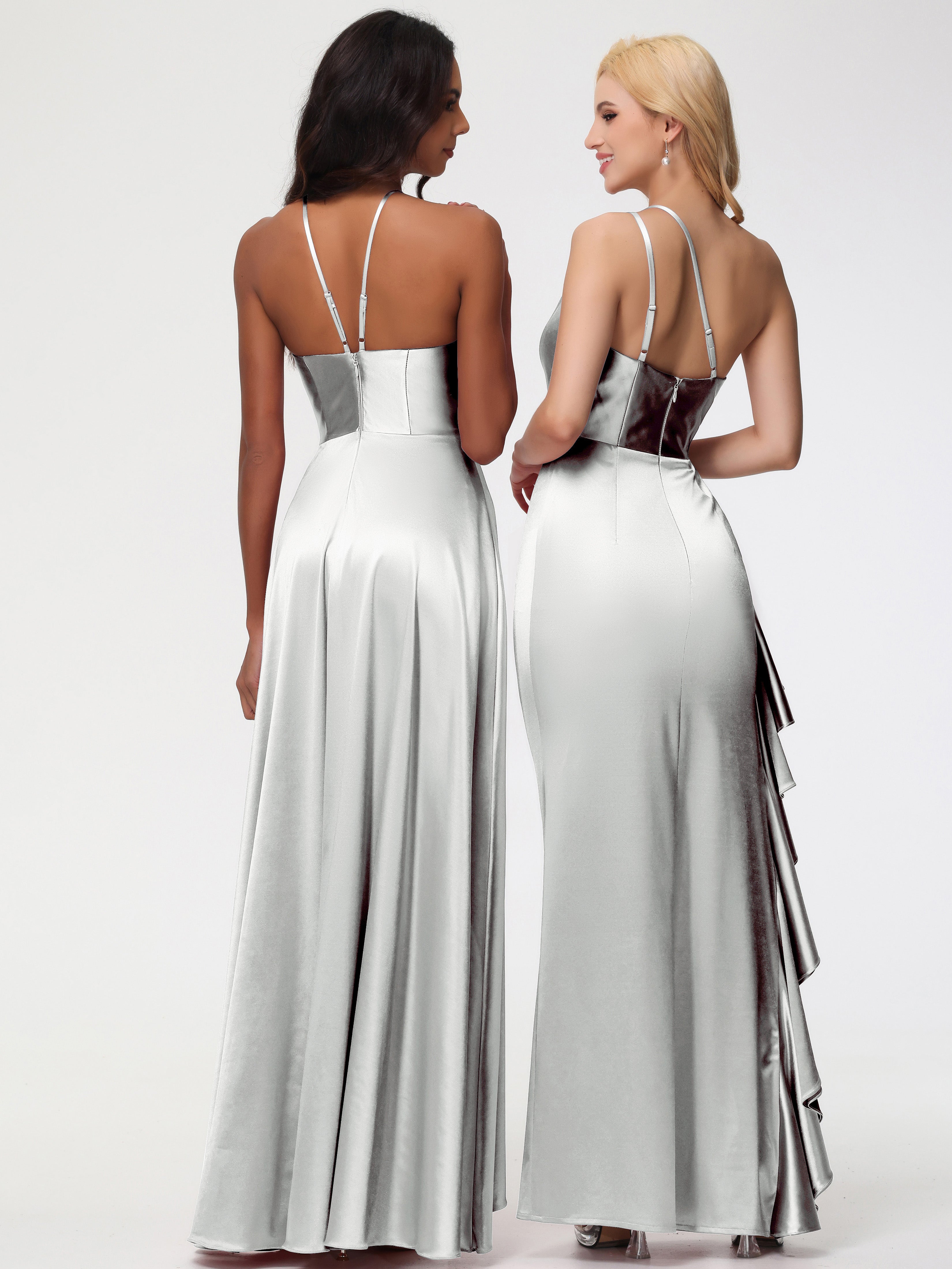 Robe Argentée Demoiselle D Honneur Seule-épaule Robe Plisée Fourreau/Colonne Fendue Satin Extensible Robe De Demoiselle D'Honneur