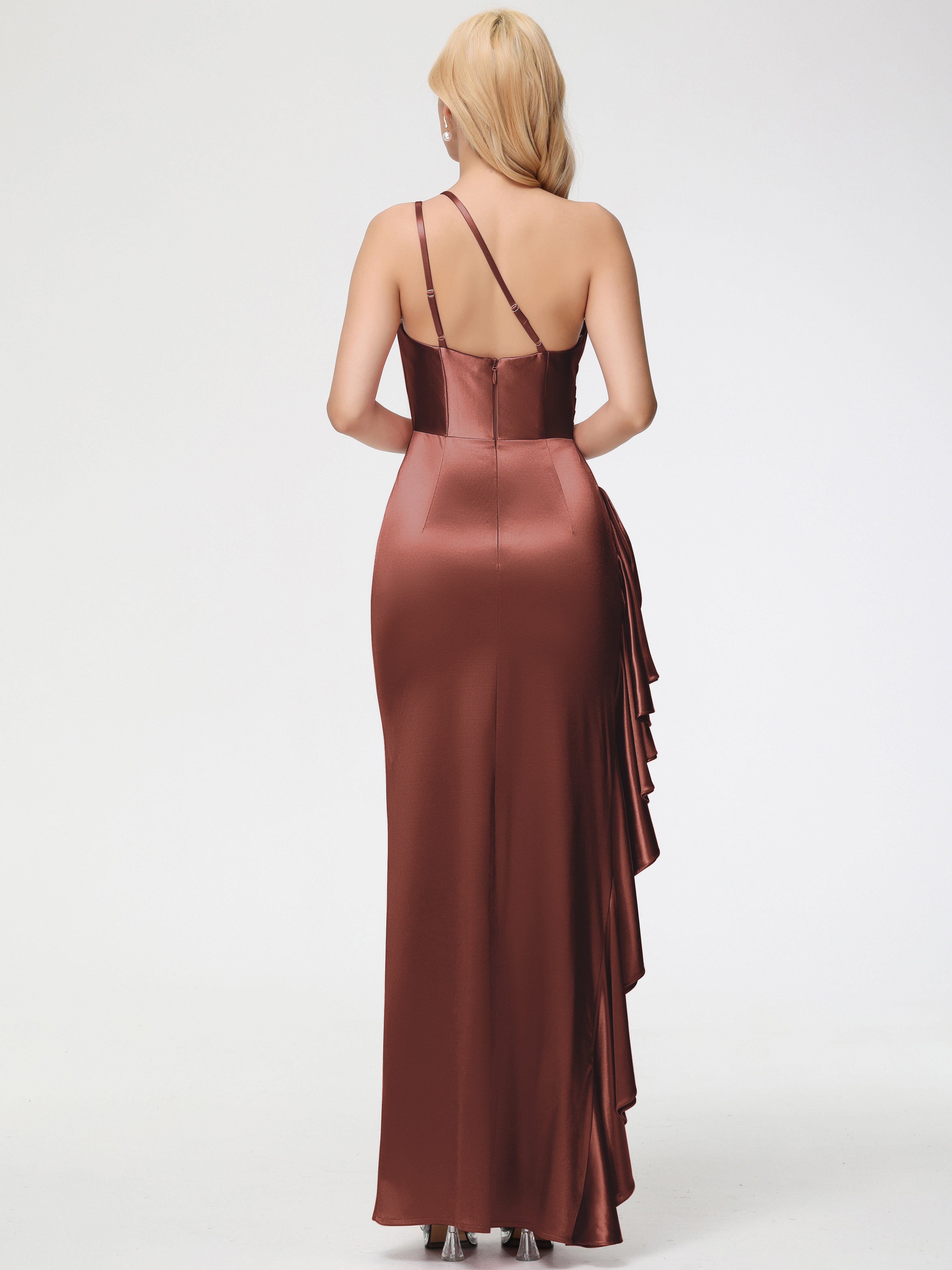 Robe Longue Demoiselle D Honneur Terracotta Seule-épaule Robe Plisée Fourreau/Colonne Fendue Satin Extensible