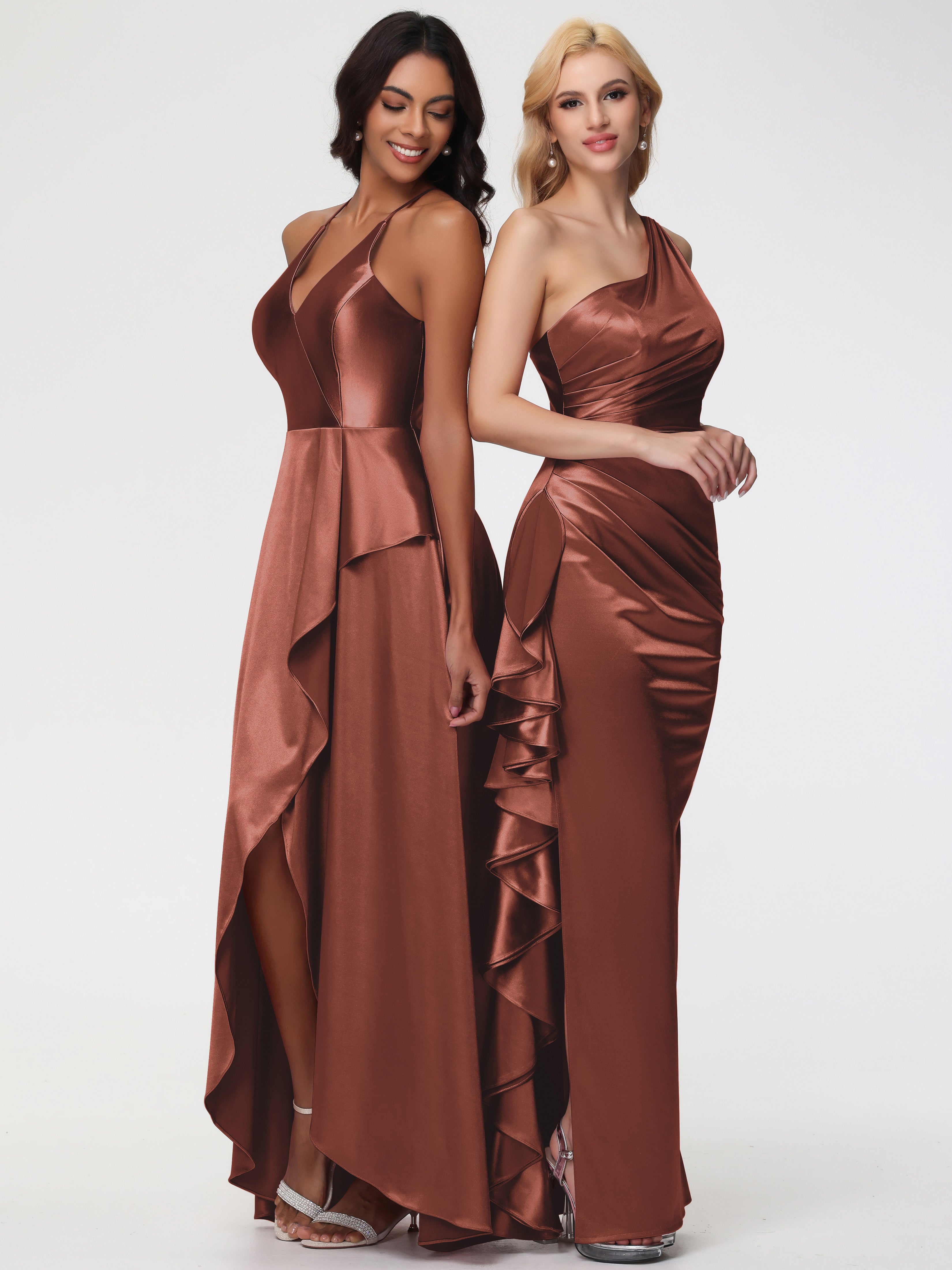Robe Longue Demoiselle D Honneur Terracotta Seule-épaule Robe Plisée Fourreau/Colonne Fendue Satin Extensible