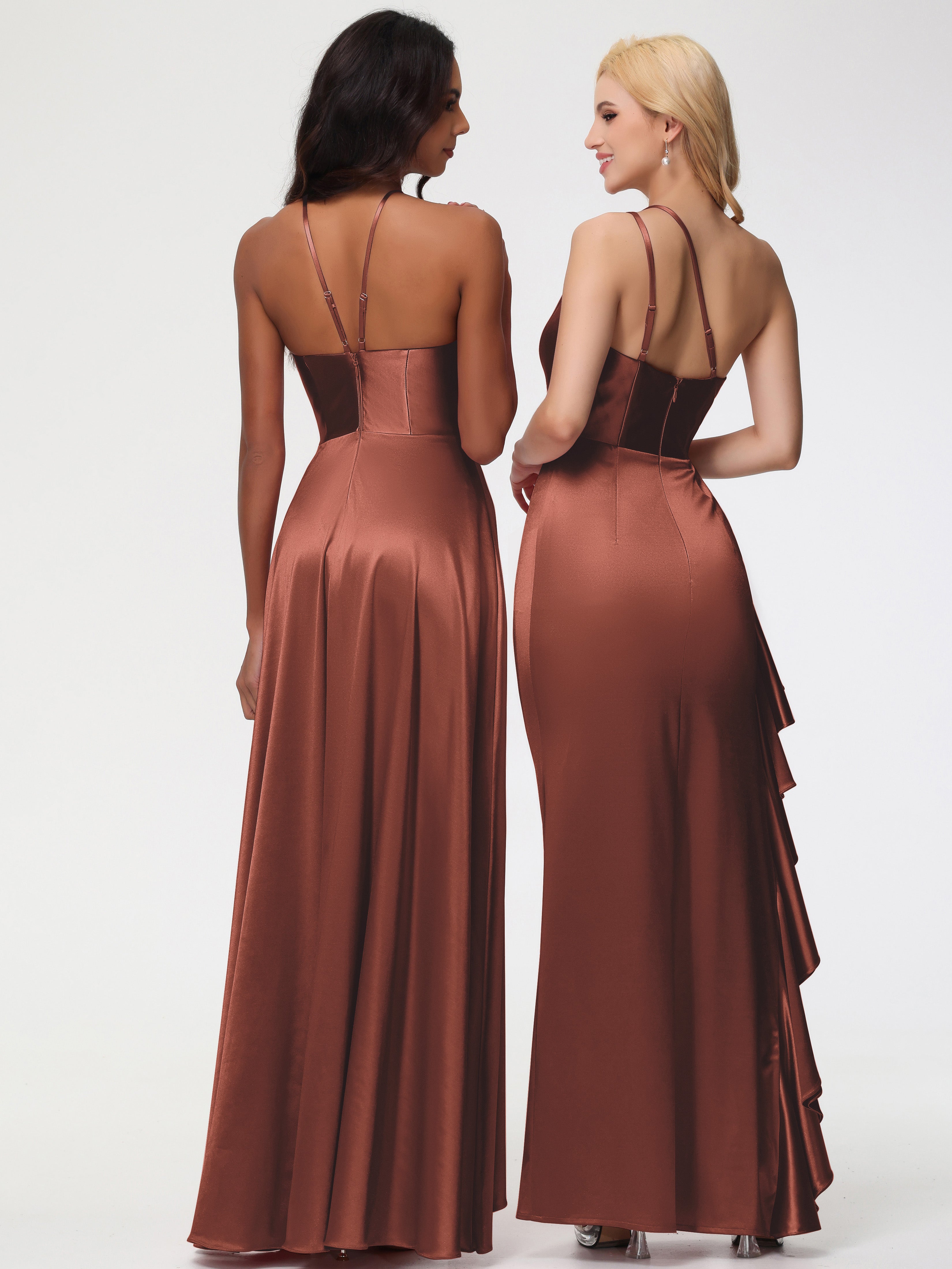 Robe Longue Demoiselle D Honneur Terracotta Seule-épaule Robe Plisée Fourreau/Colonne Fendue Satin Extensible