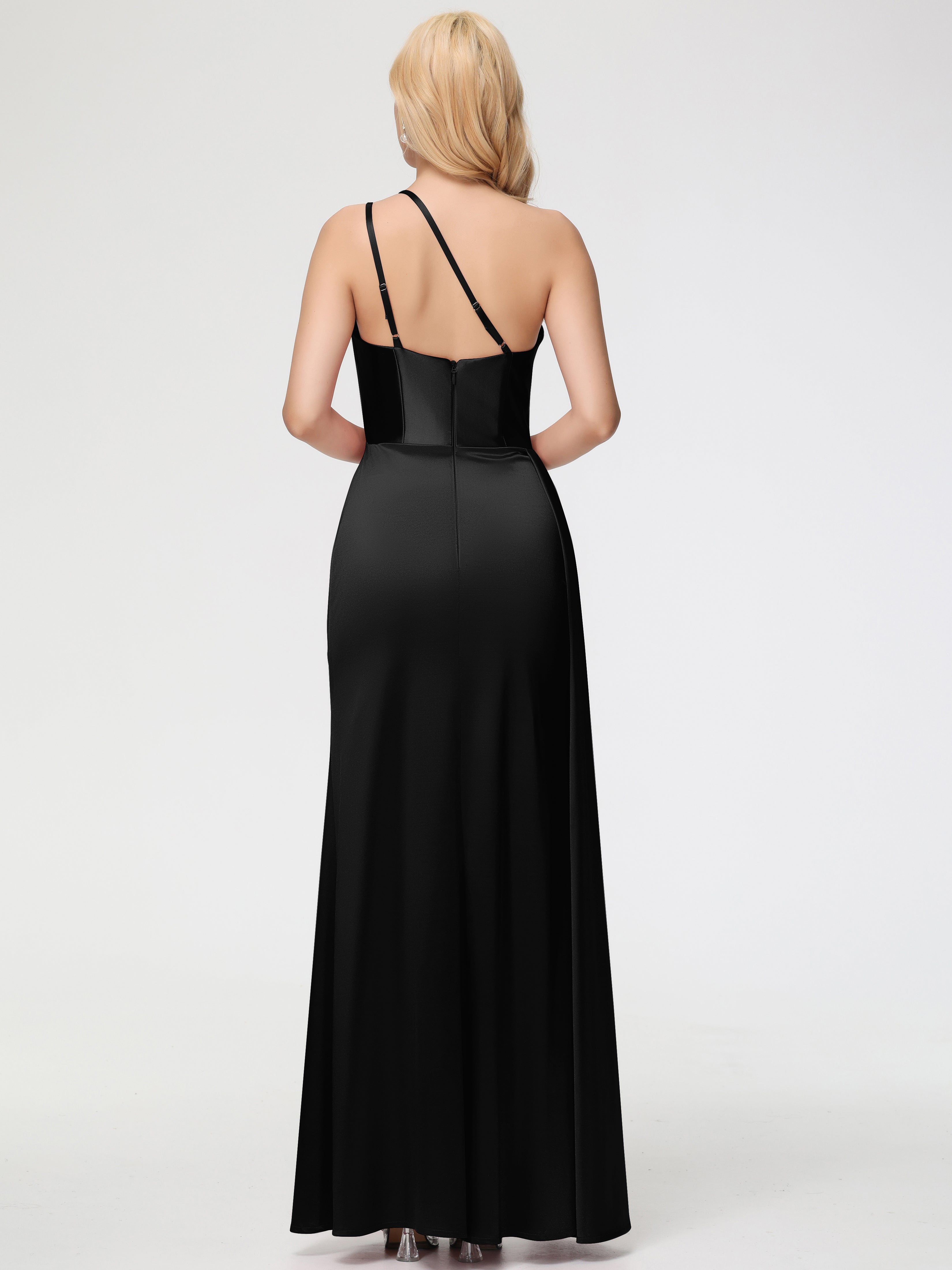 Robe Demoiselle D Honneur Noire Seule-épaule Satin Extensible Fourreau/Colonne Fendue Robe De Demoiselle D'Honneur