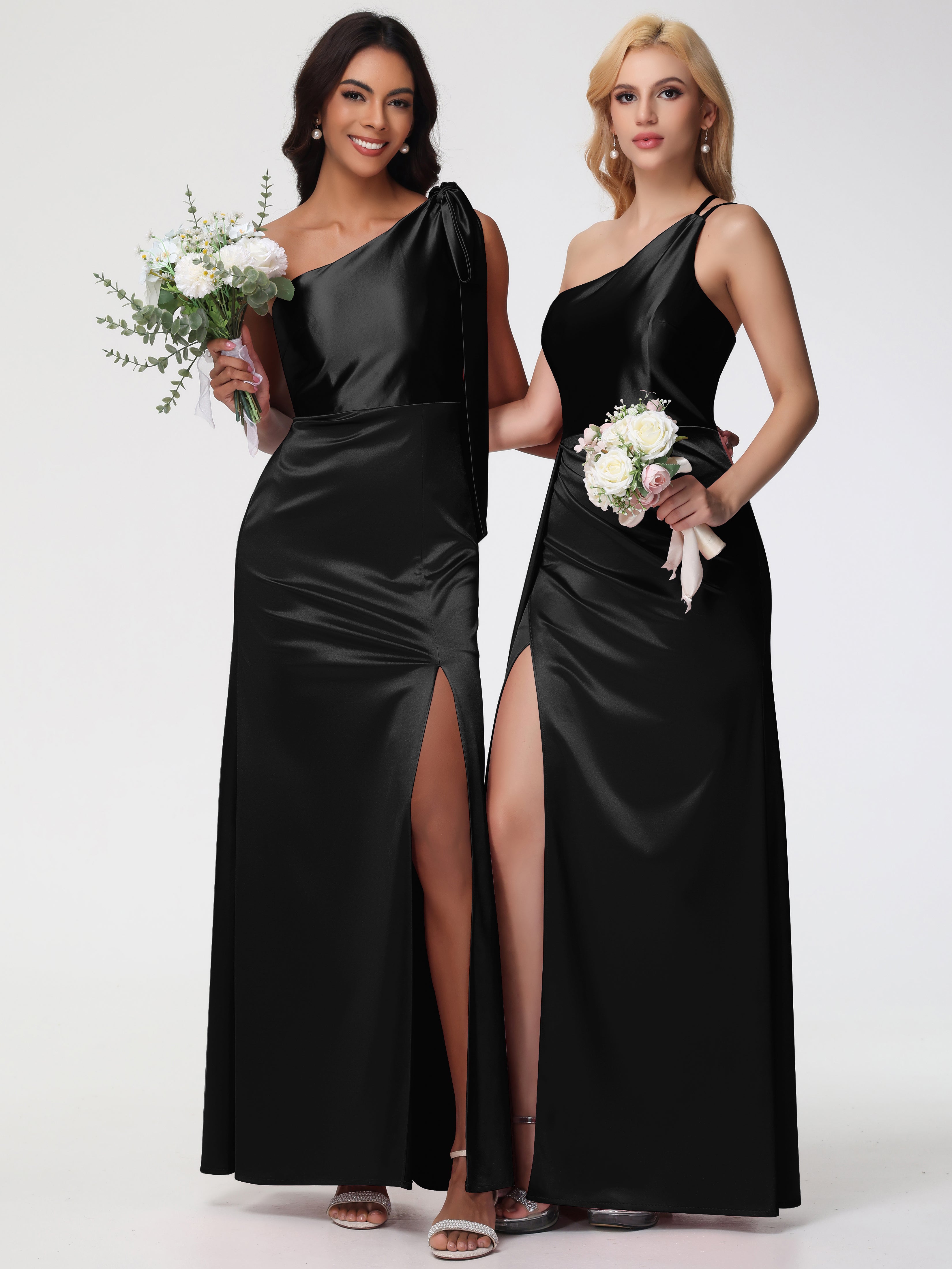 Robe Demoiselle D Honneur Noire Seule-épaule Satin Extensible Fourreau/Colonne Fendue Robe De Demoiselle D'Honneur