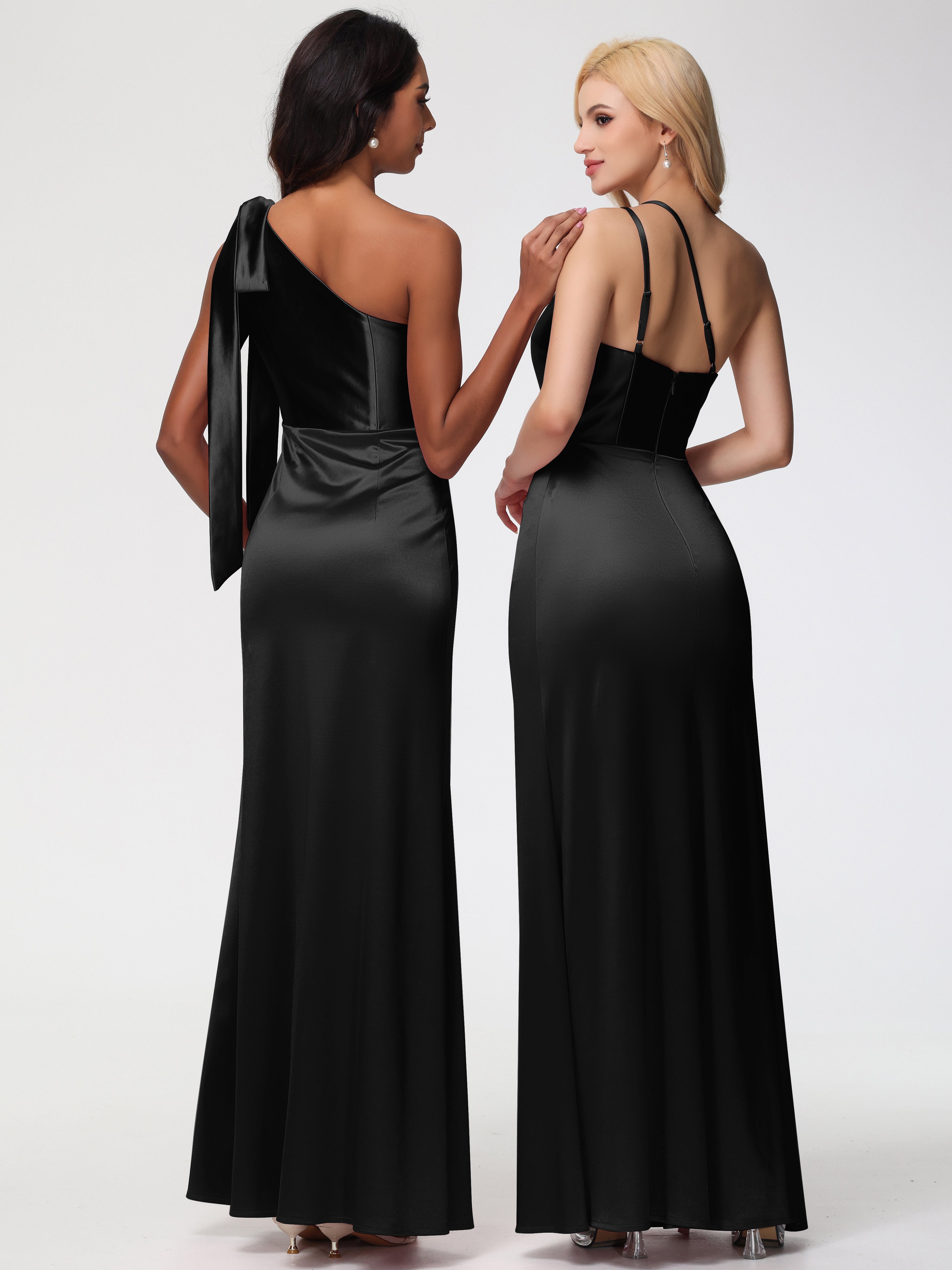 Robe Demoiselle D Honneur Noire Seule-épaule Satin Extensible Fourreau/Colonne Fendue Robe De Demoiselle D'Honneur