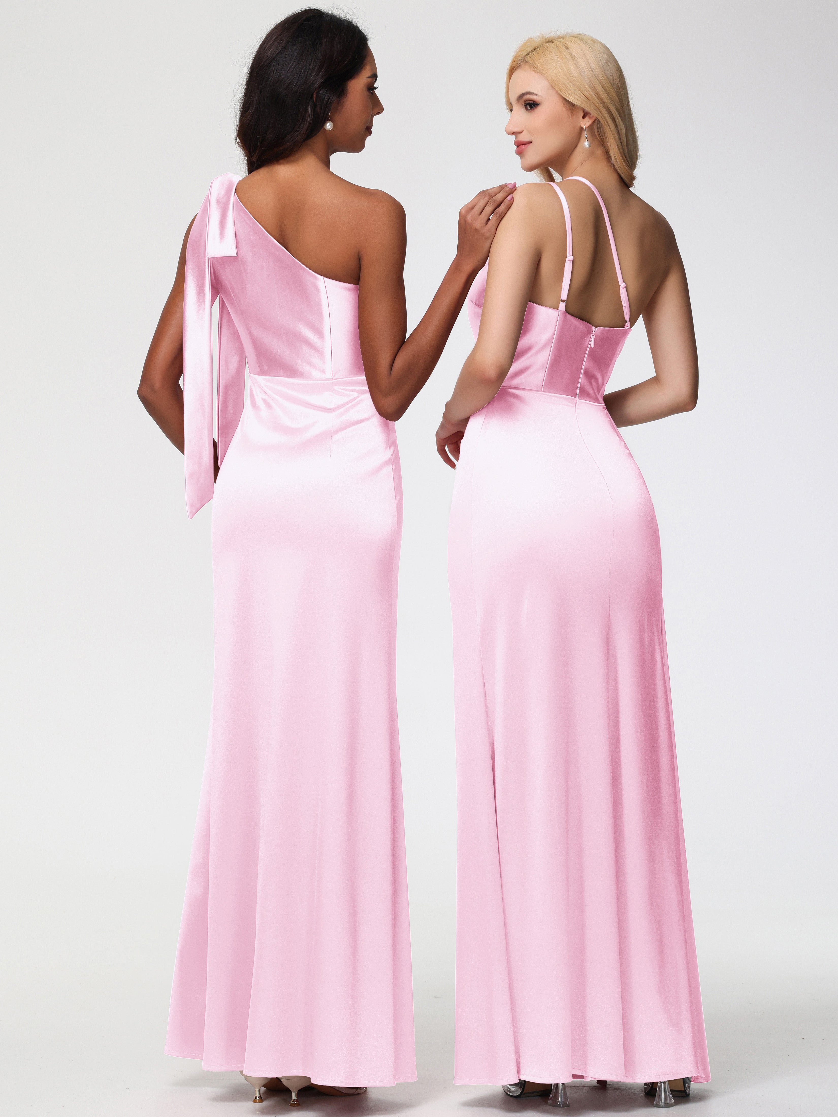Robe Demoiselle Dhonneur ROSE PÂLE Seule-épaule Satin Extensible Fourreau/Colonne Fendue Robe De Demoiselle D'Honneur