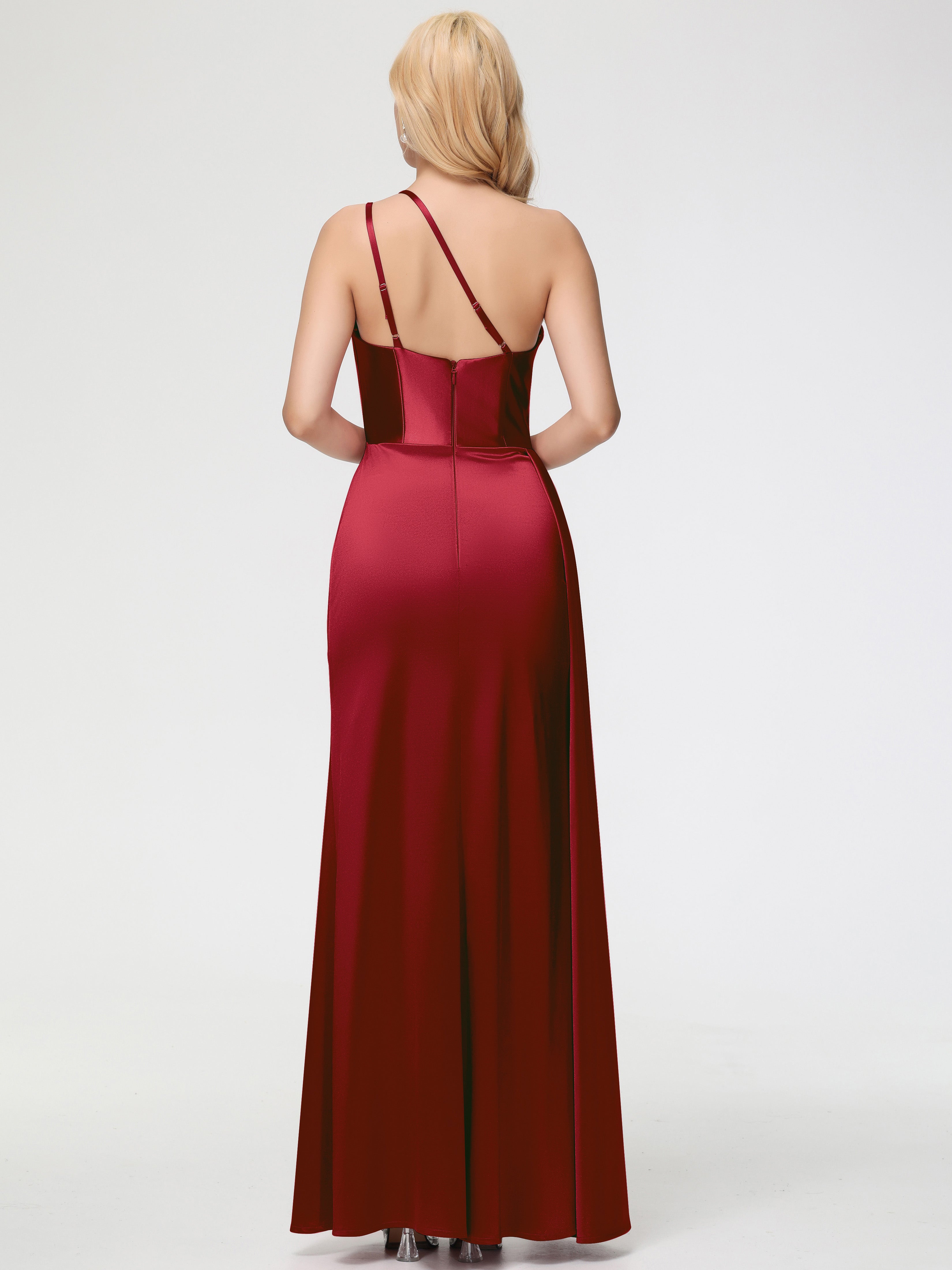 Robe Demoiselle D Honneur Rouge Bordeaux Seule-épaule Satin Extensible Fourreau/Colonne Fendue Robe De Demoiselle D'Honneur