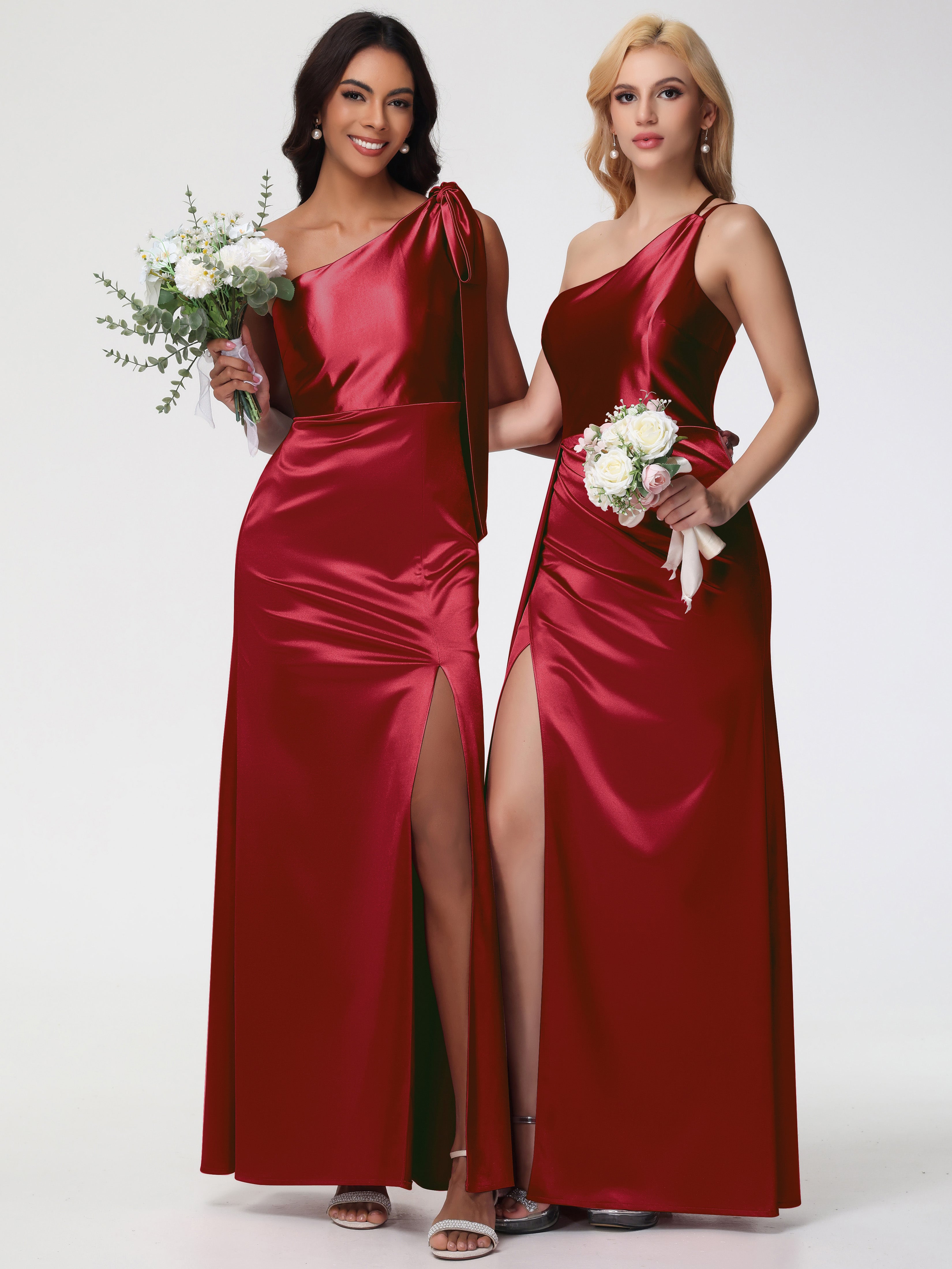 Robe Demoiselle D Honneur Rouge Bordeaux Seule-épaule Satin Extensible Fourreau/Colonne Fendue Robe De Demoiselle D'Honneur