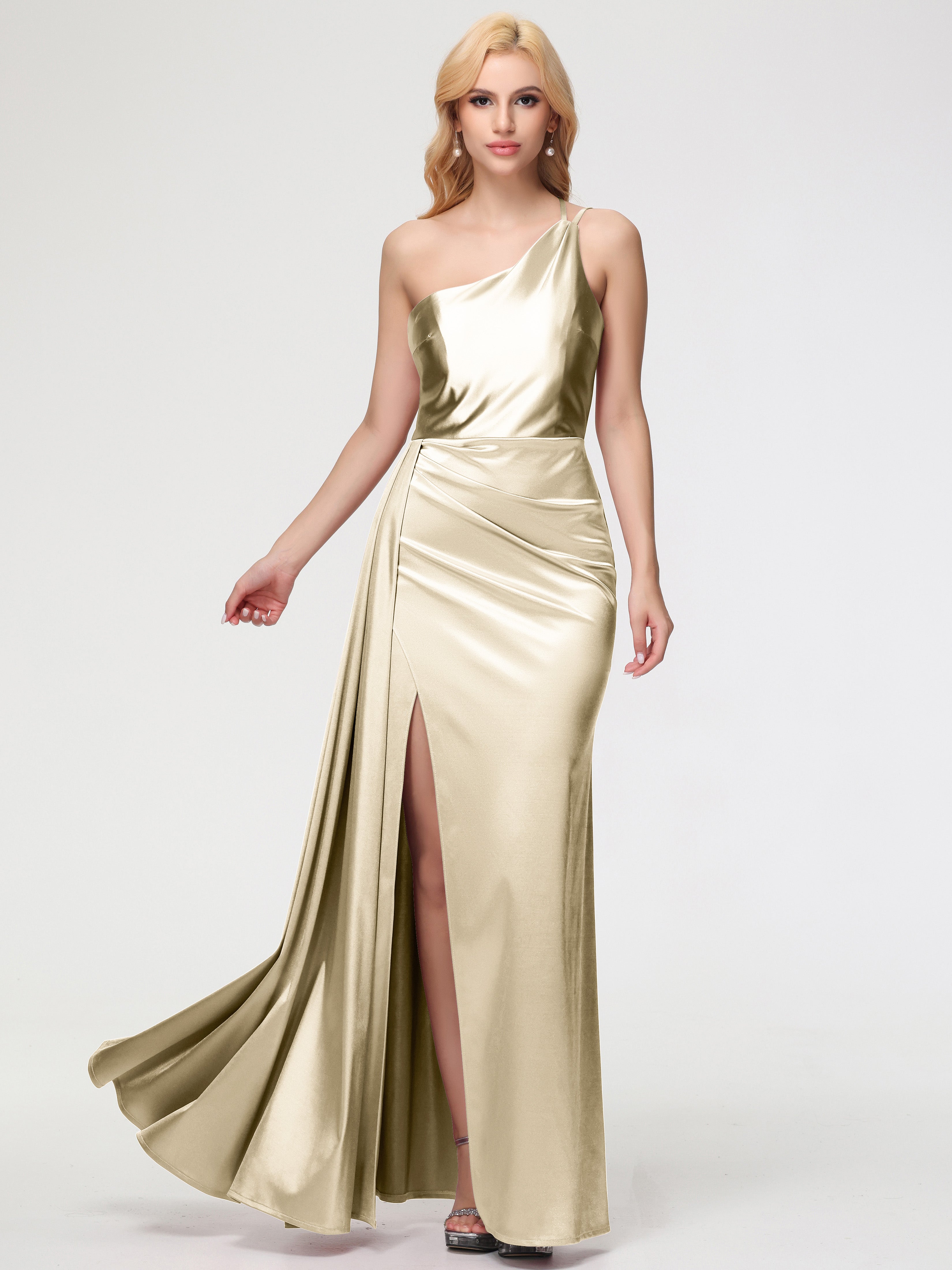 Robe De Demoiselle D Honneur Champagne Seule-épaule Satin Extensible Fourreau/Colonne Fendue Robe De Demoiselle D'Honneur