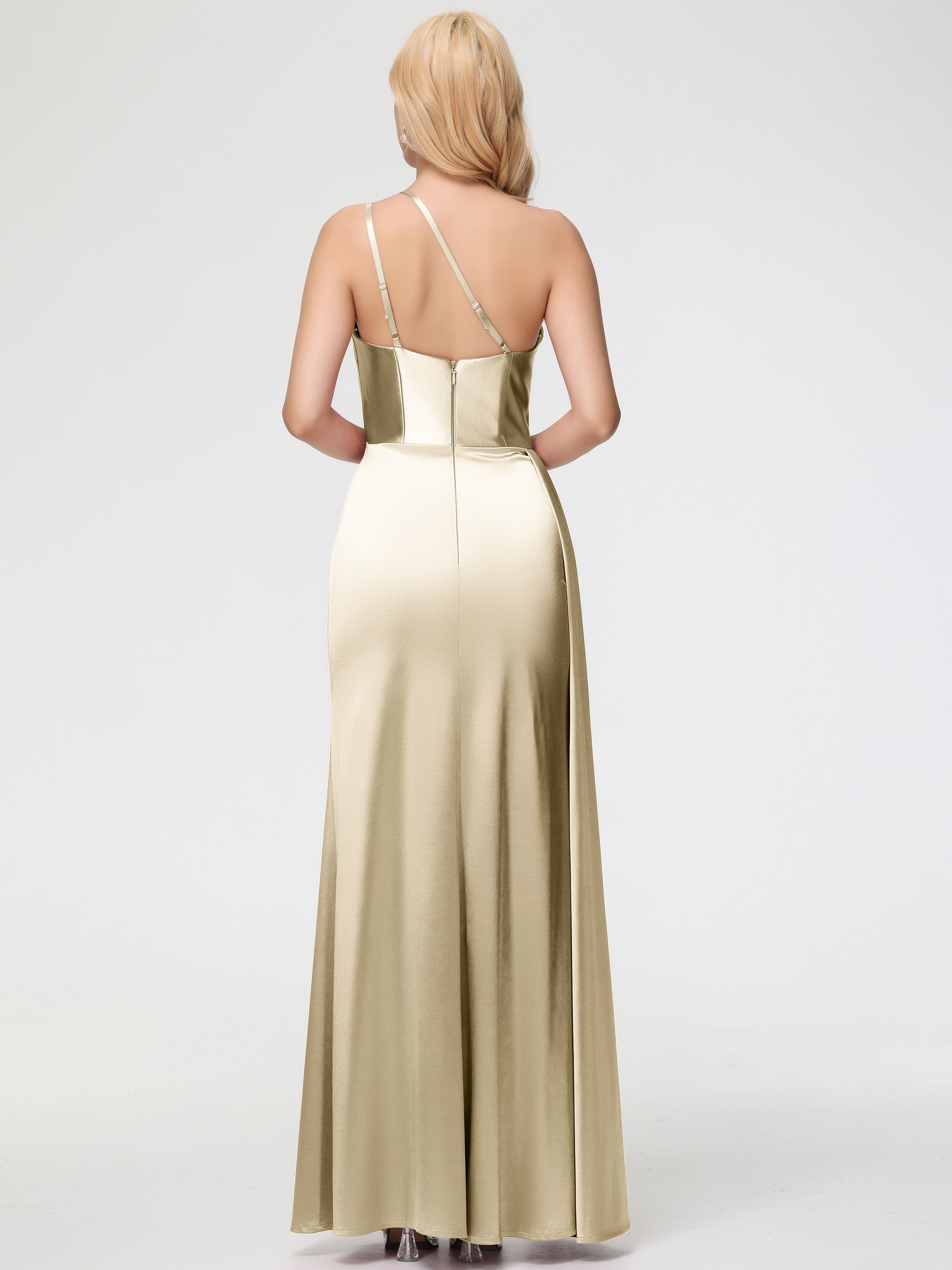 Robe De Demoiselle D Honneur Champagne Seule-épaule Satin Extensible Fourreau/Colonne Fendue Robe De Demoiselle D'Honneur