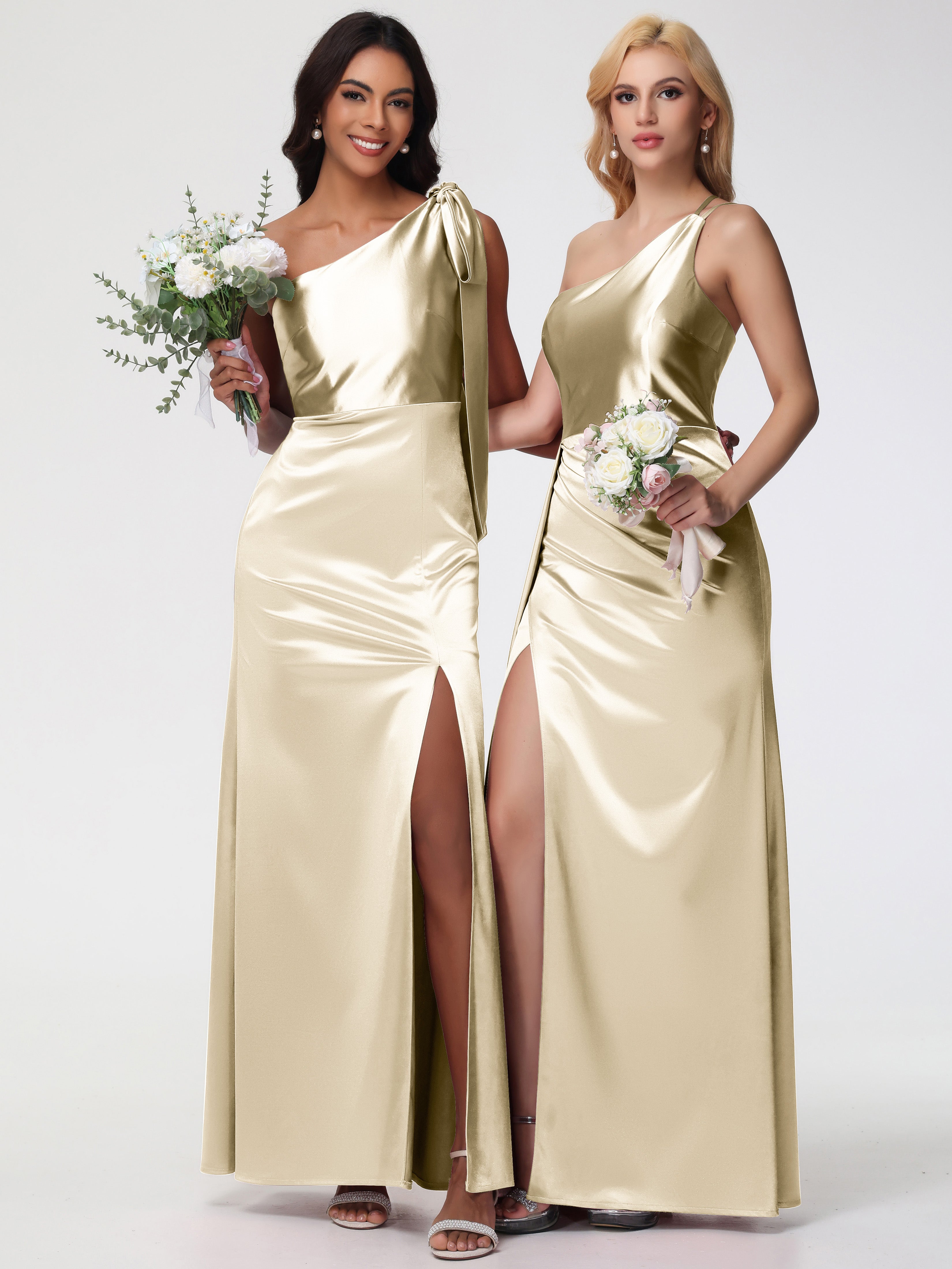 Robe De Demoiselle D Honneur Champagne Seule-épaule Satin Extensible Fourreau/Colonne Fendue Robe De Demoiselle D'Honneur