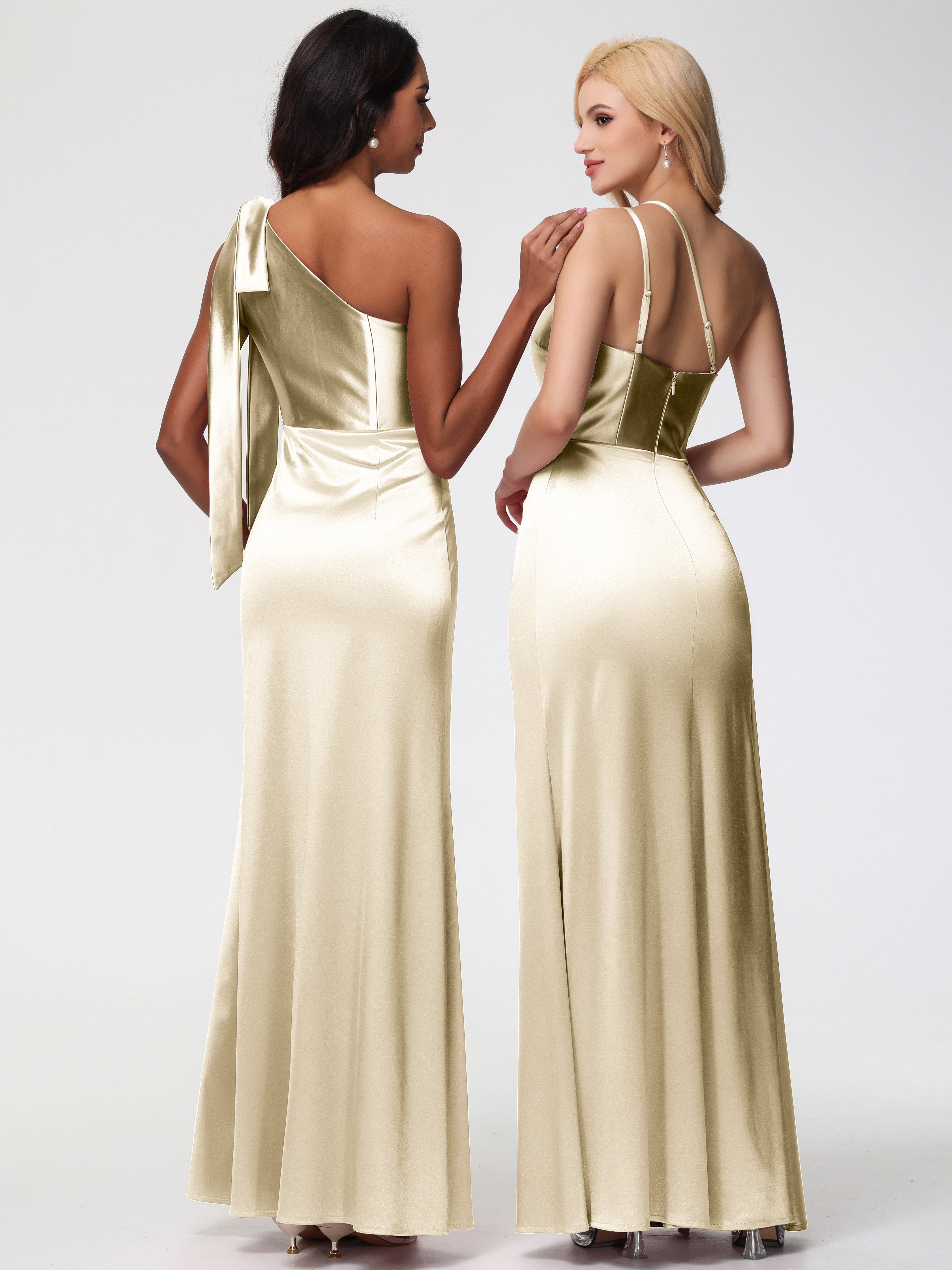 Robe De Demoiselle D Honneur Champagne Seule-épaule Satin Extensible Fourreau/Colonne Fendue Robe De Demoiselle D'Honneur