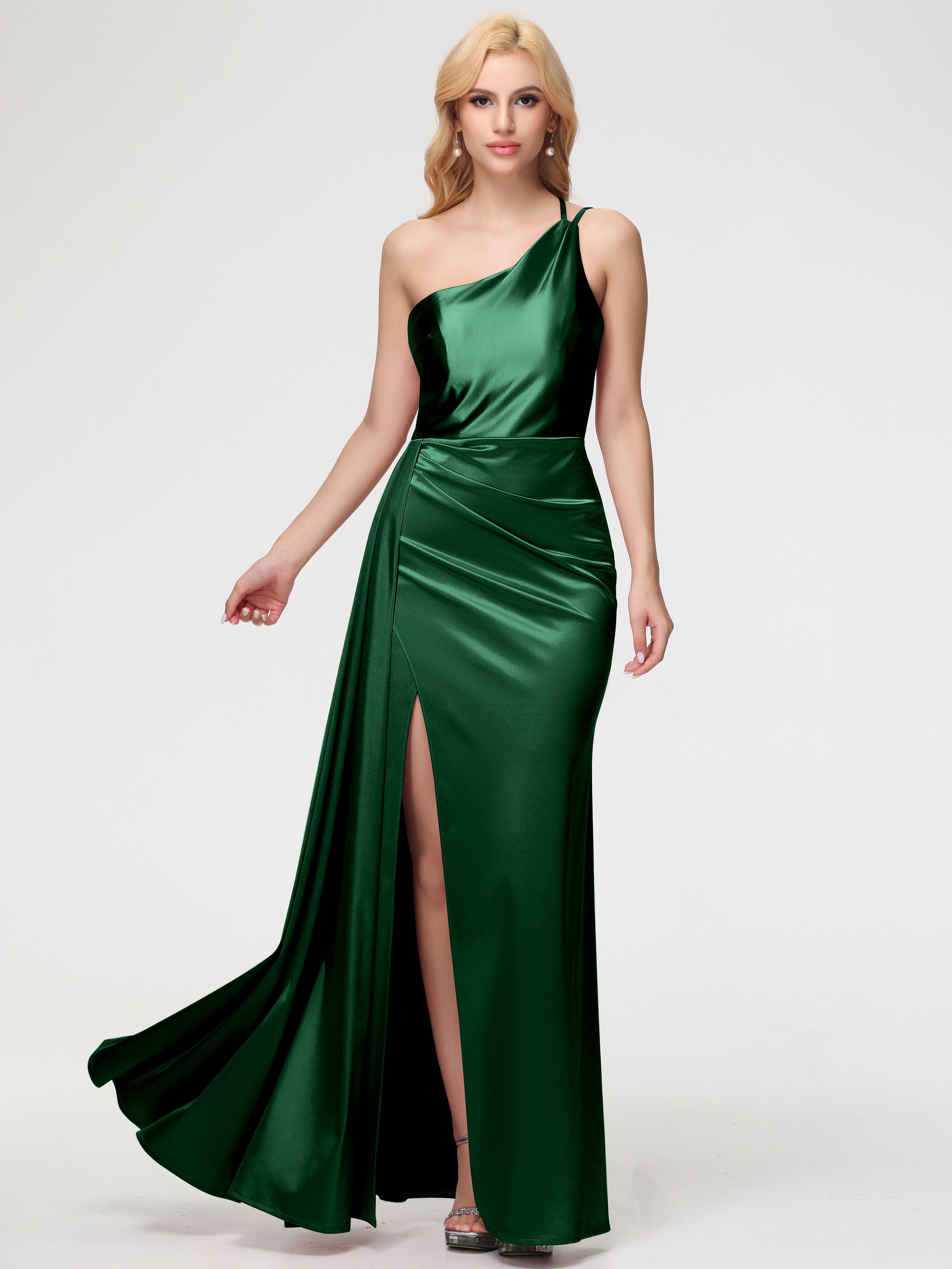 Robes De Demoiselle D'Honneur VERT FONCÉ Seule-épaule Satin Extensible Fourreau/Colonne Fendue Robe De Demoiselle D'Honneur