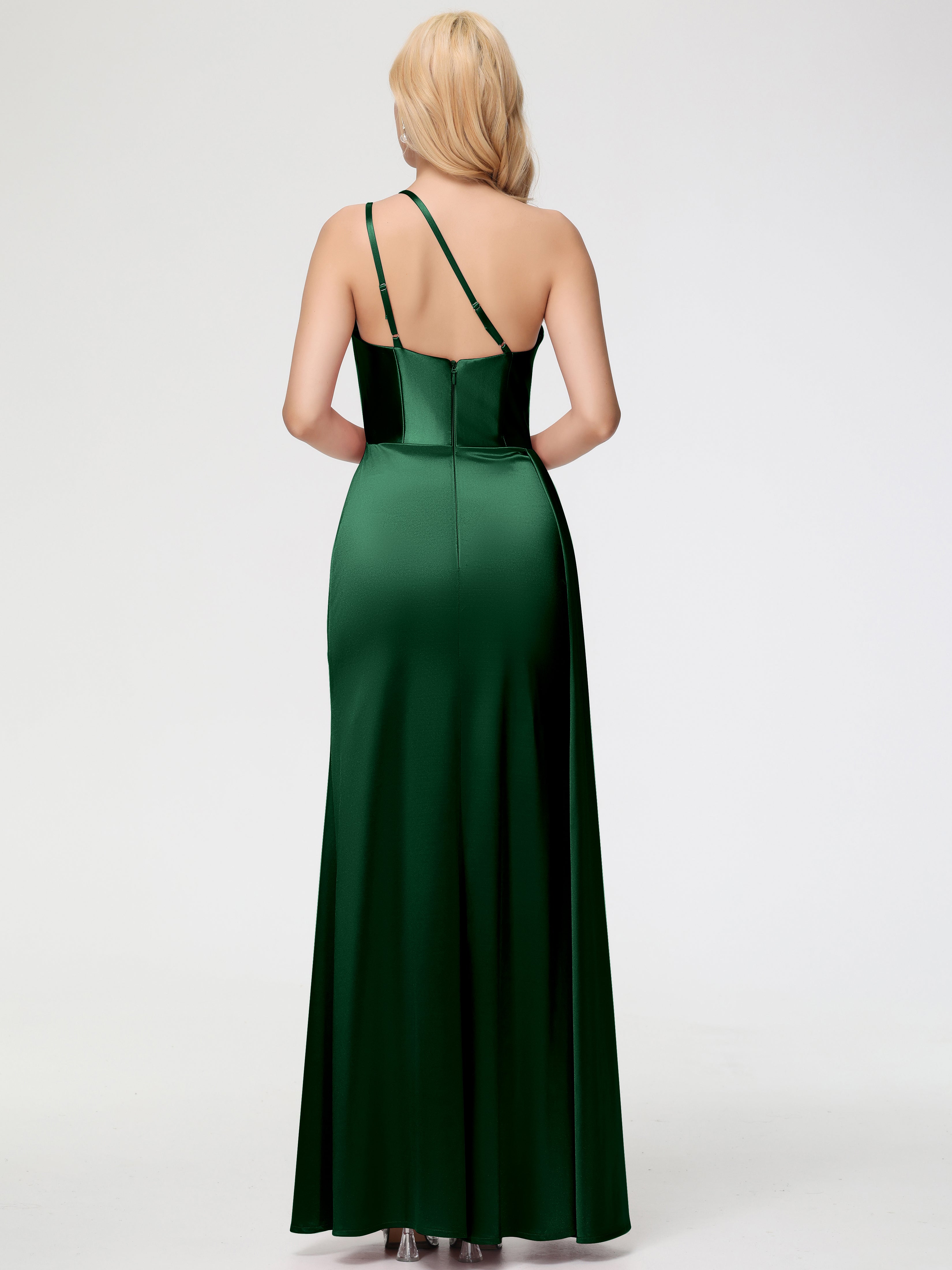 Robes De Demoiselle D'Honneur VERT FONCÉ Seule-épaule Satin Extensible Fourreau/Colonne Fendue Robe De Demoiselle D'Honneur