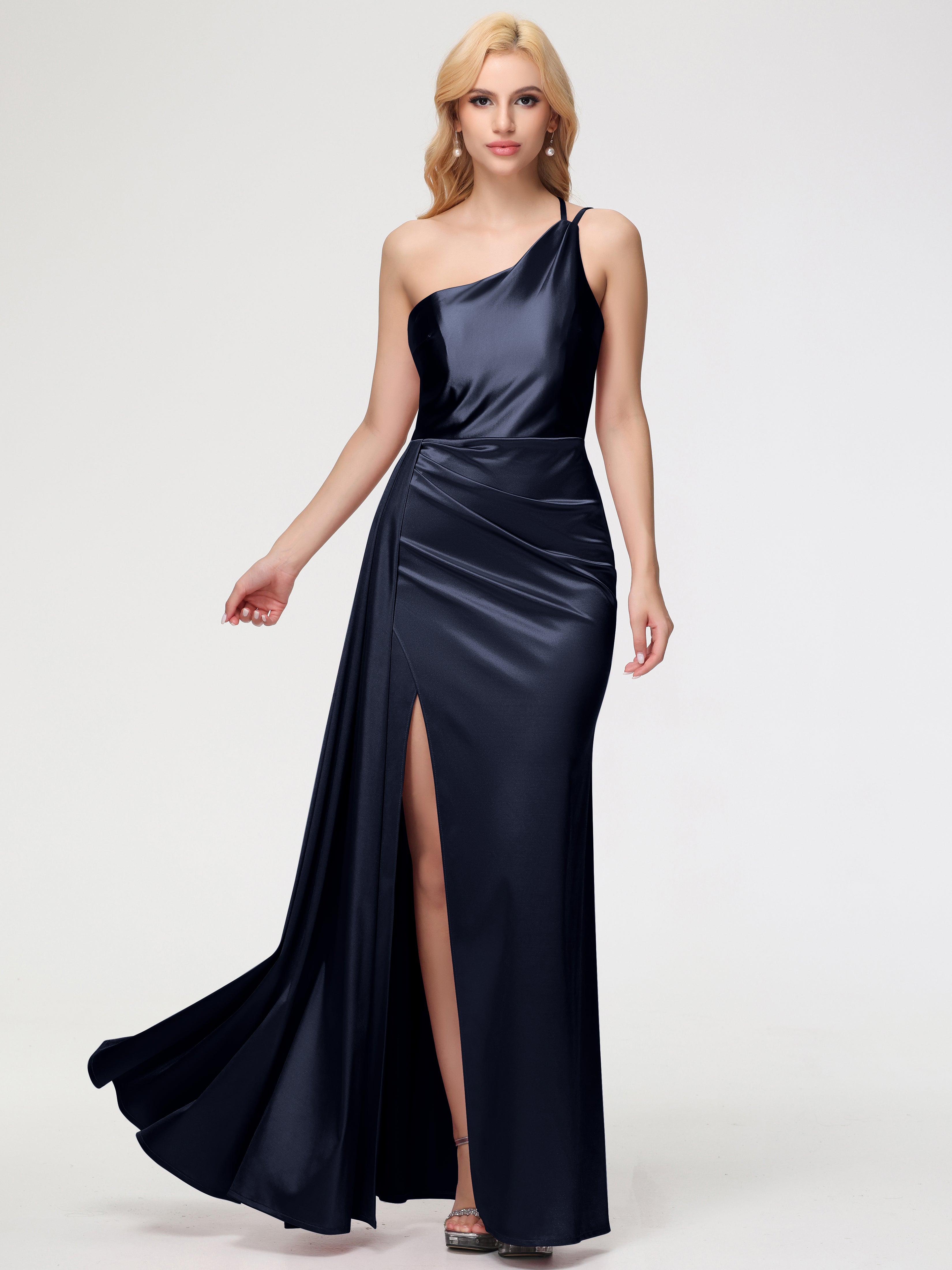 Robe De Demoiselle D Honneur Bleu Marine Seule-épaule Satin Extensible Fourreau/Colonne Fendue Robe De Demoiselle D'Honneur