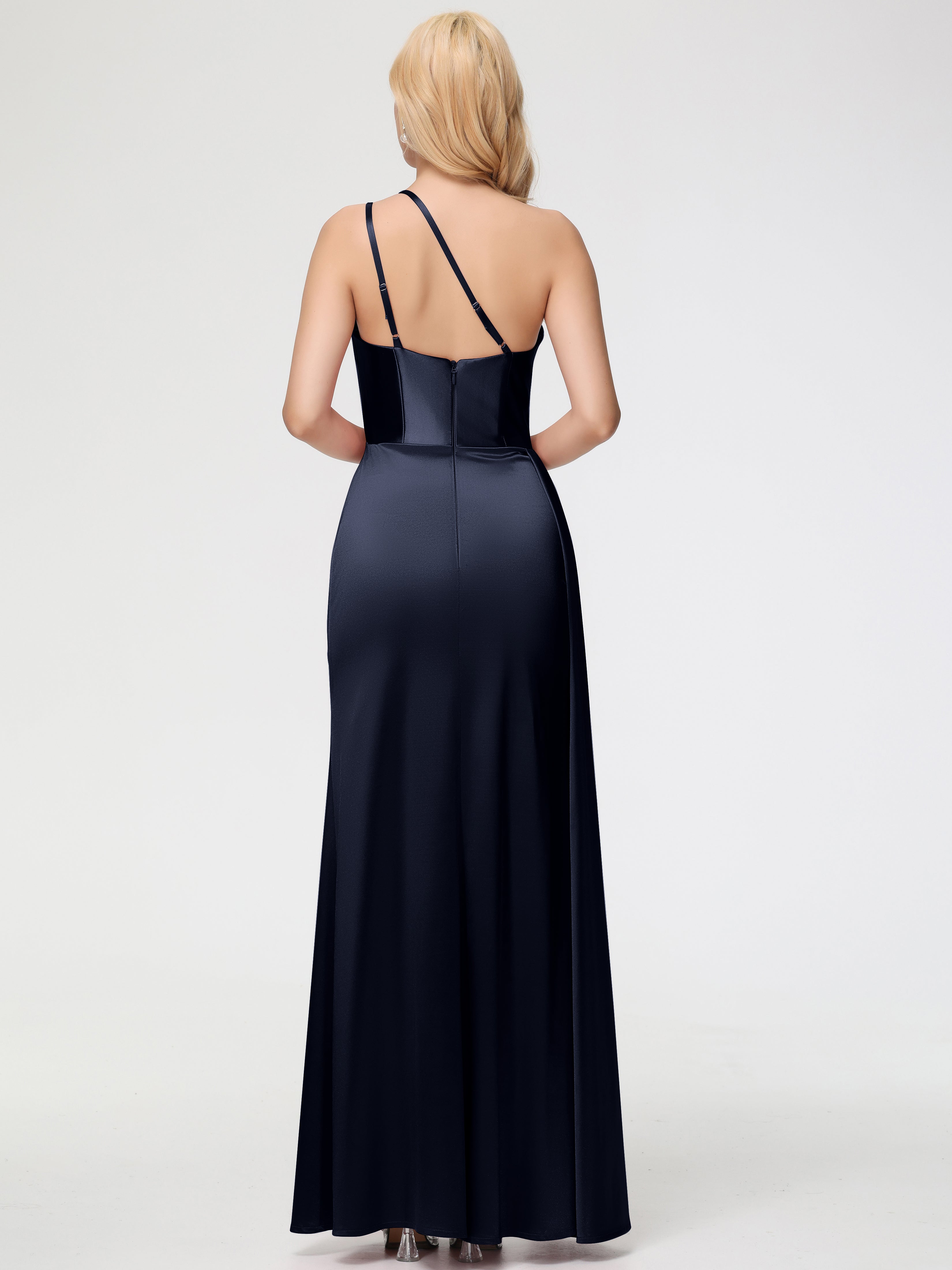 Robe De Demoiselle D Honneur Bleu Marine Seule-épaule Satin Extensible Fourreau/Colonne Fendue Robe De Demoiselle D'Honneur