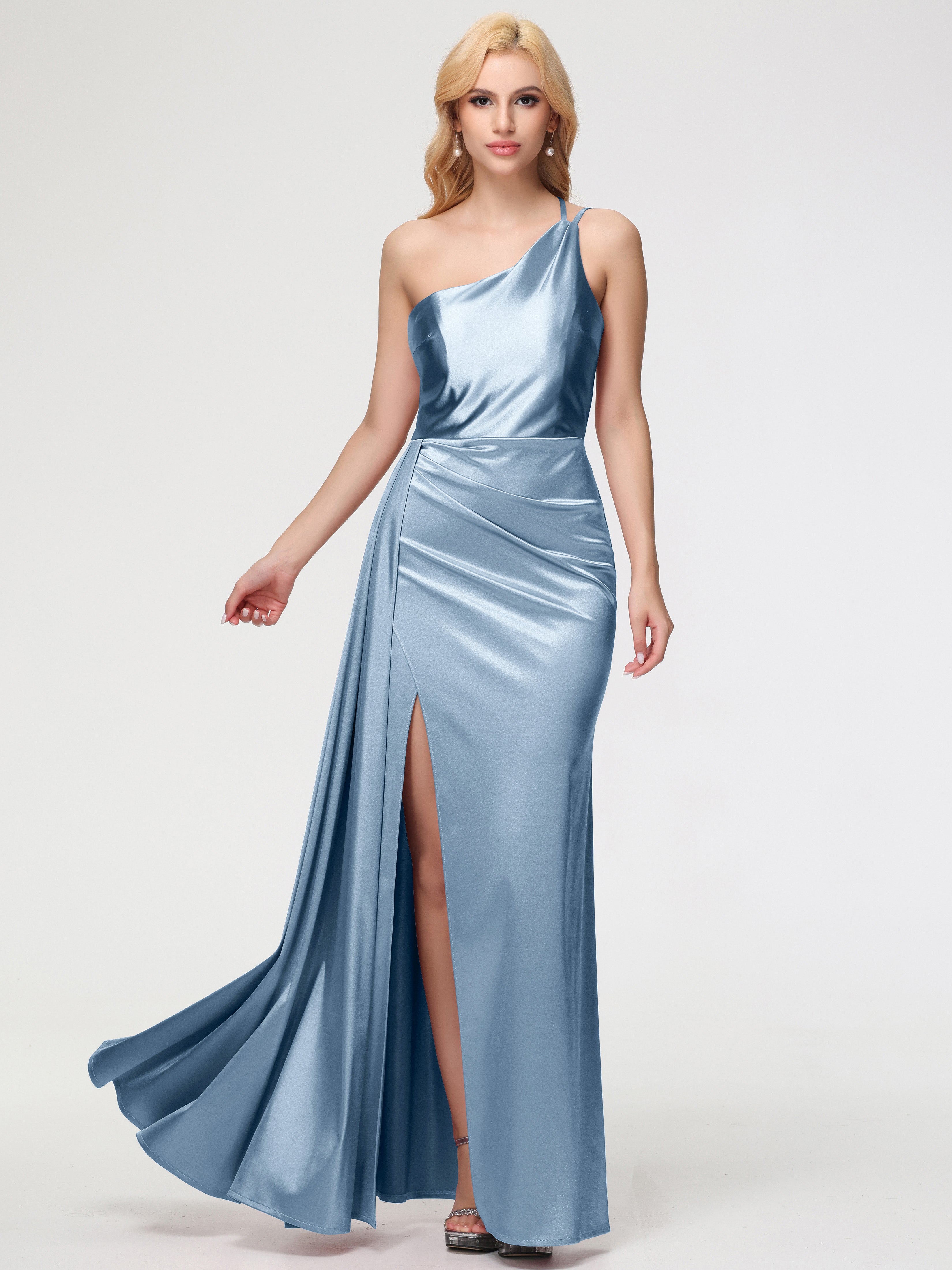 Robes De Demoiselle D'Honneur Bleu Poussiéreux Seule-épaule Satin Extensible Fourreau/Colonne Fendue Robe De Demoiselle D'Honneur