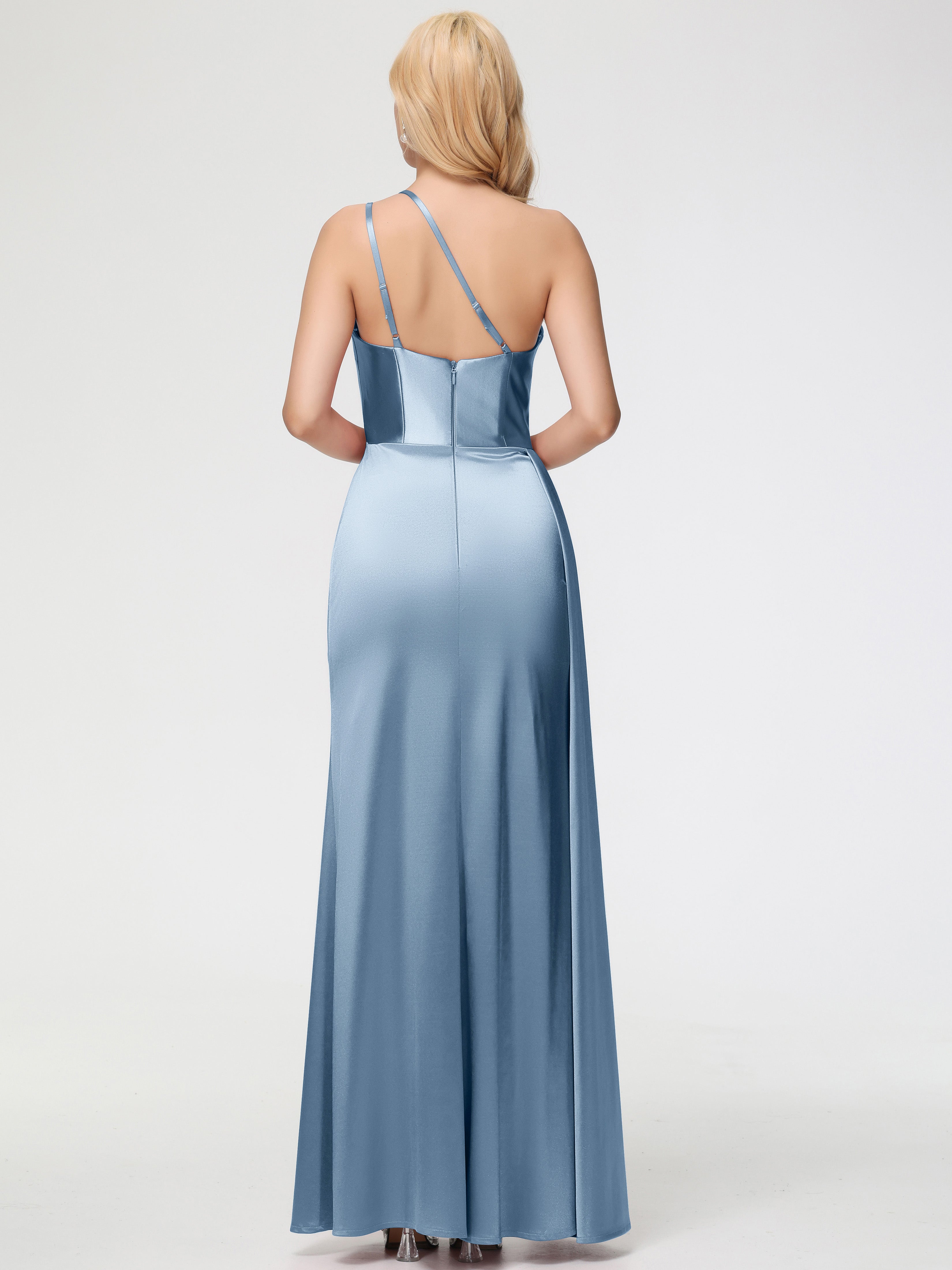 Robes De Demoiselle D'Honneur Bleu Poussiéreux Seule-épaule Satin Extensible Fourreau/Colonne Fendue Robe De Demoiselle D'Honneur