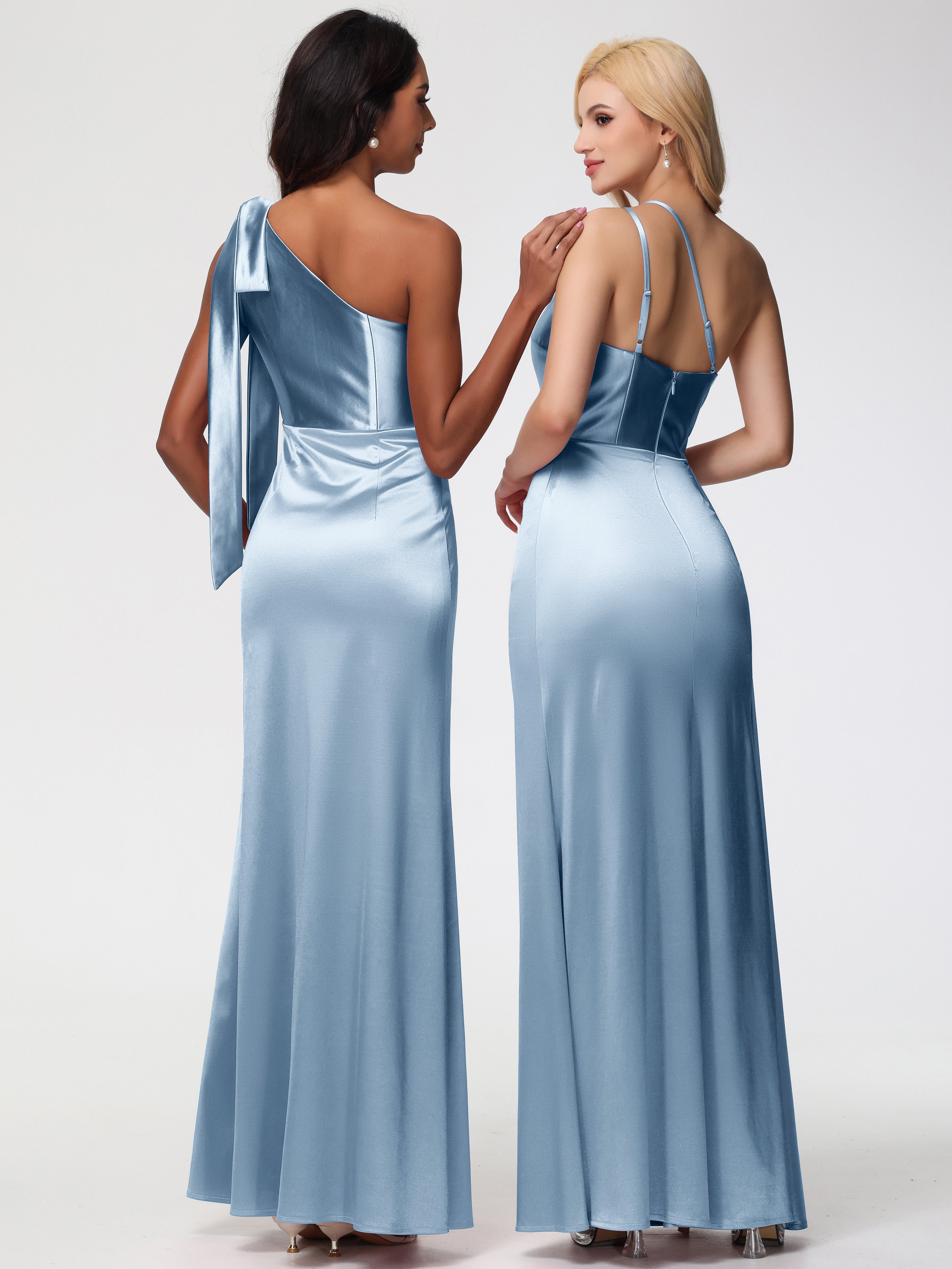 Robes De Demoiselle D'Honneur Bleu Poussiéreux Seule-épaule Satin Extensible Fourreau/Colonne Fendue Robe De Demoiselle D'Honneur