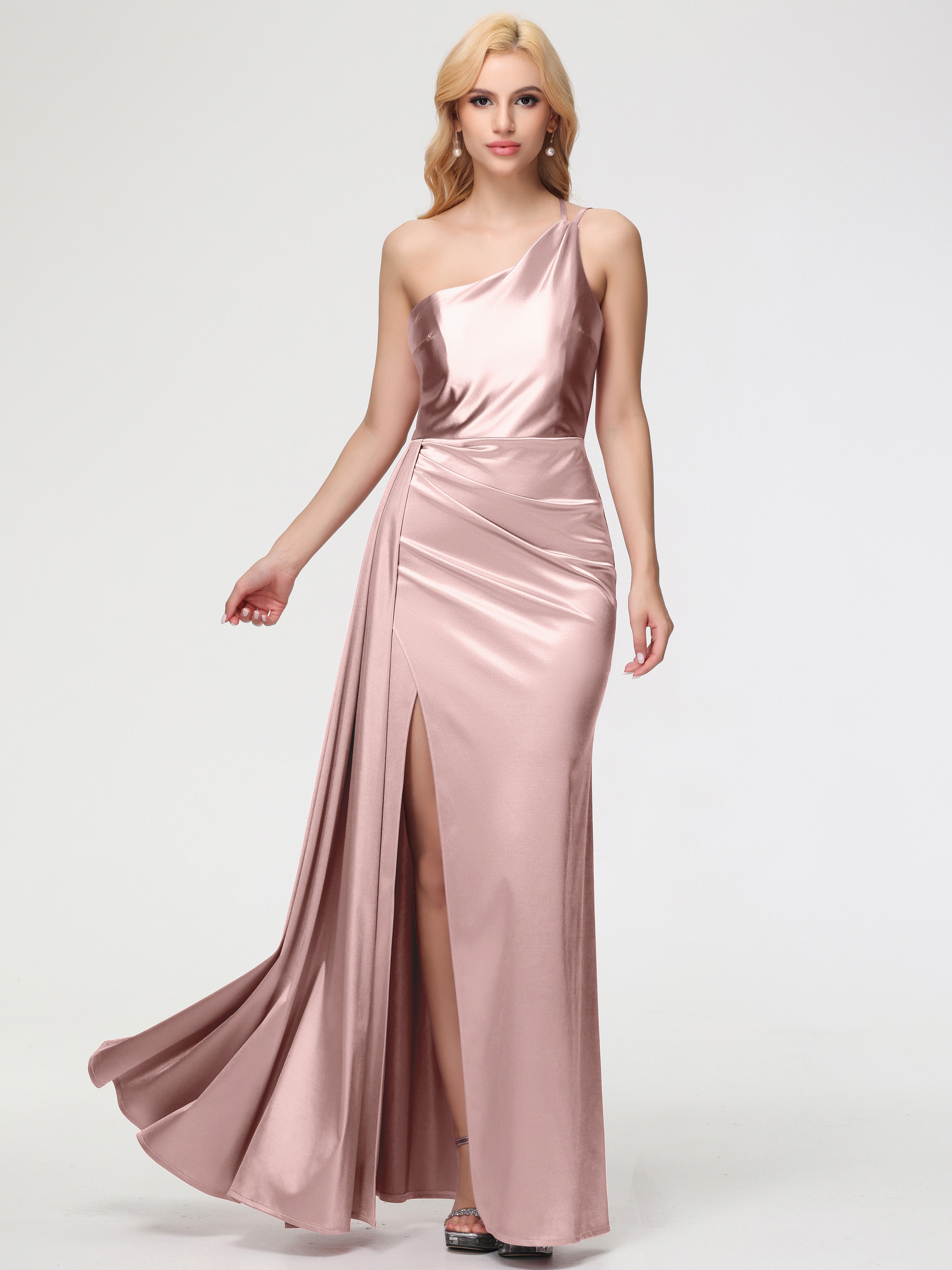 Robe Demoiselle D Honneur ROSE POUDRÉe Seule-épaule Satin Extensible Fourreau/Colonne Fendue Robe De Demoiselle D'Honneur