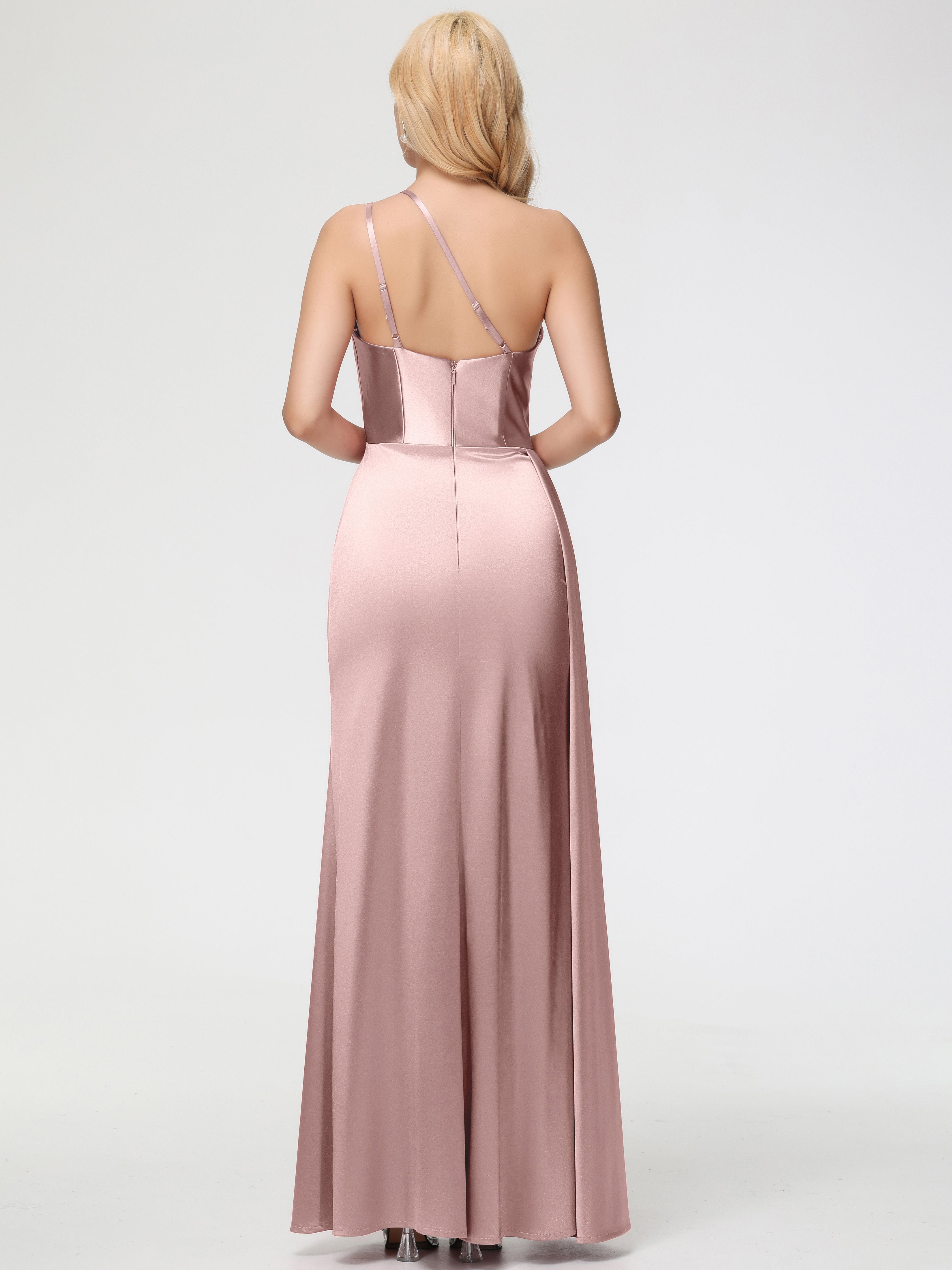 Robe Demoiselle D Honneur ROSE POUDRÉe Seule-épaule Satin Extensible Fourreau/Colonne Fendue Robe De Demoiselle D'Honneur