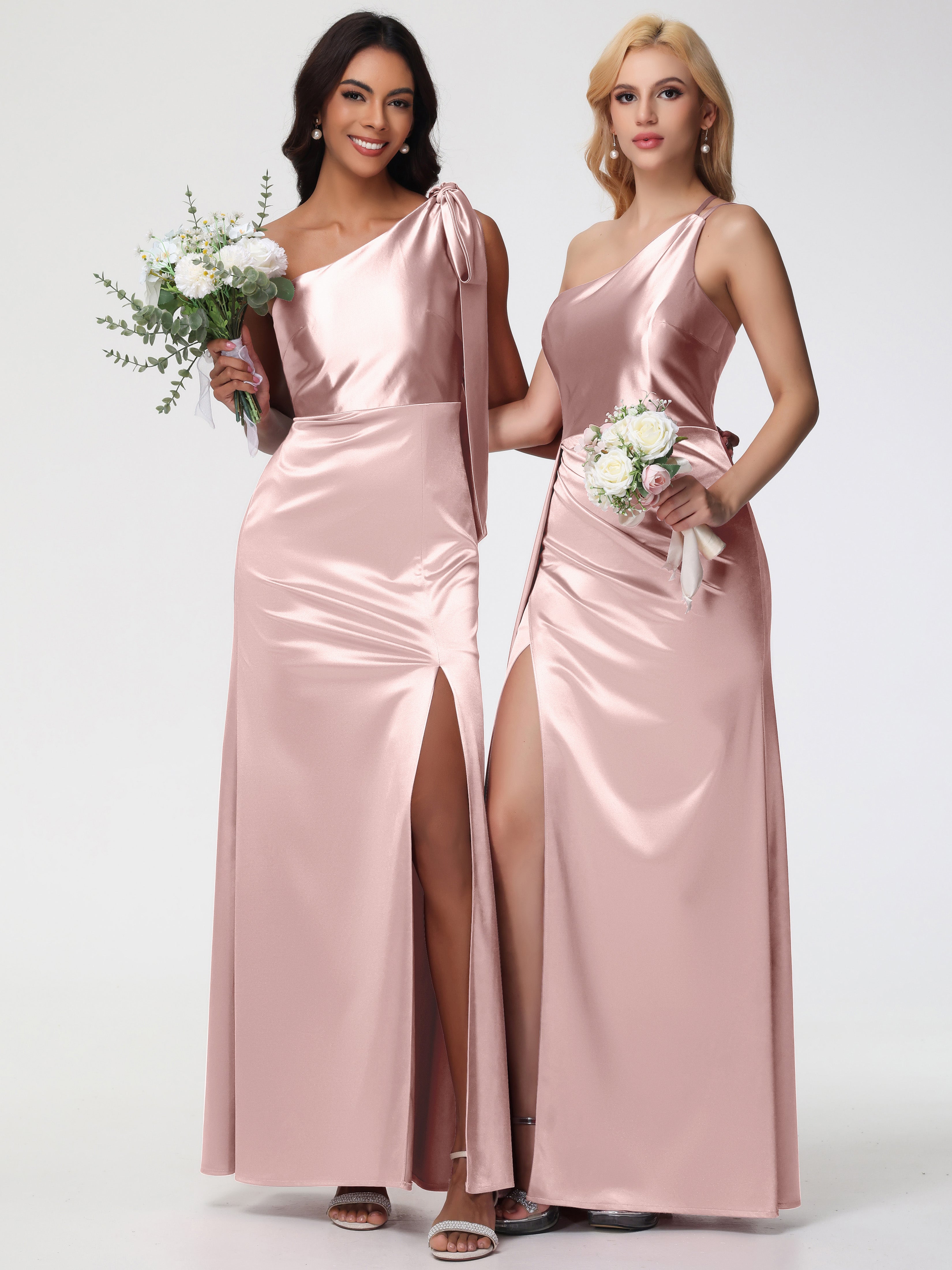 Robe Demoiselle D Honneur ROSE POUDRÉe Seule-épaule Satin Extensible Fourreau/Colonne Fendue Robe De Demoiselle D'Honneur