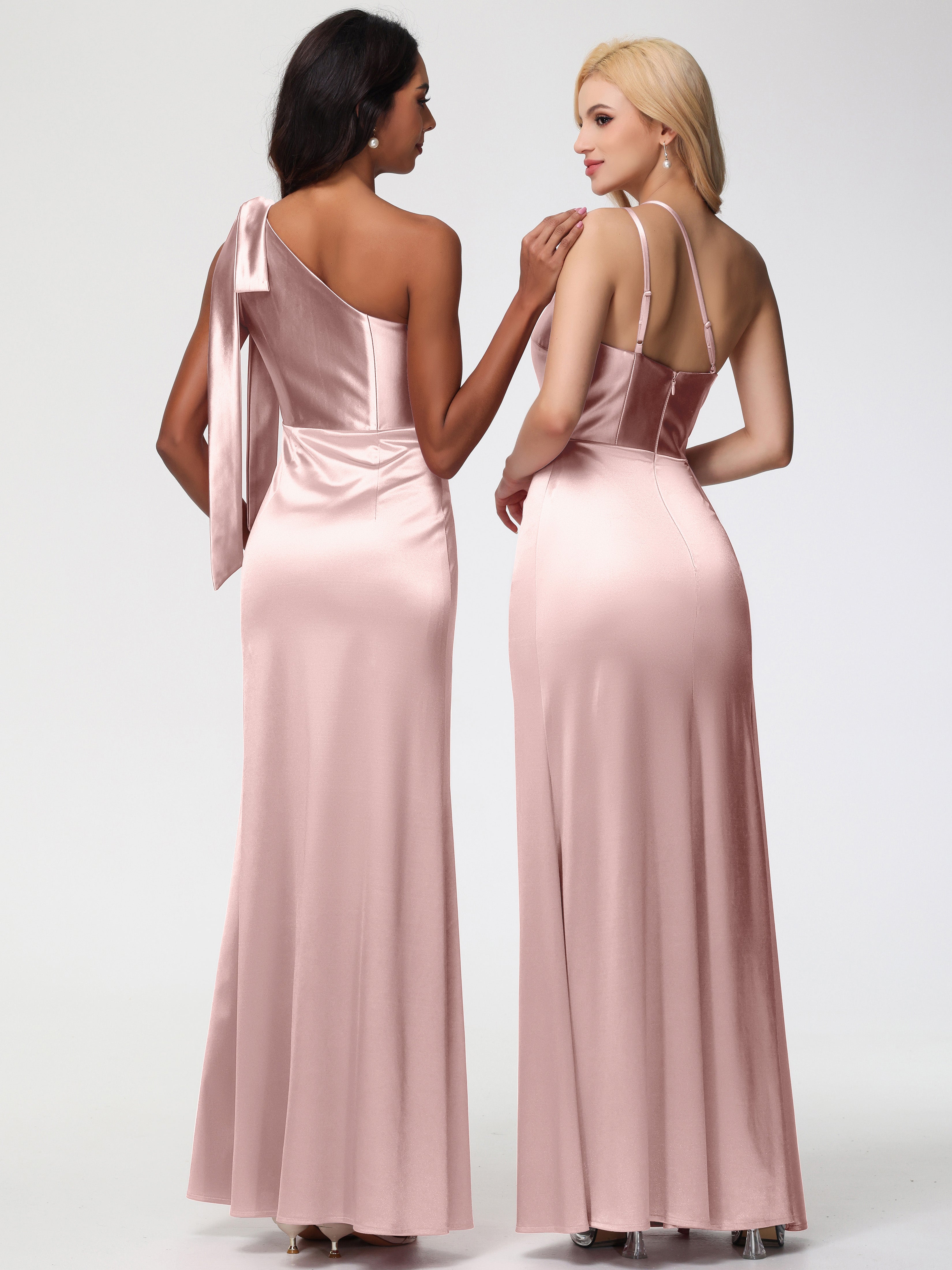 Robe Demoiselle D Honneur ROSE POUDRÉe Seule-épaule Satin Extensible Fourreau/Colonne Fendue Robe De Demoiselle D'Honneur