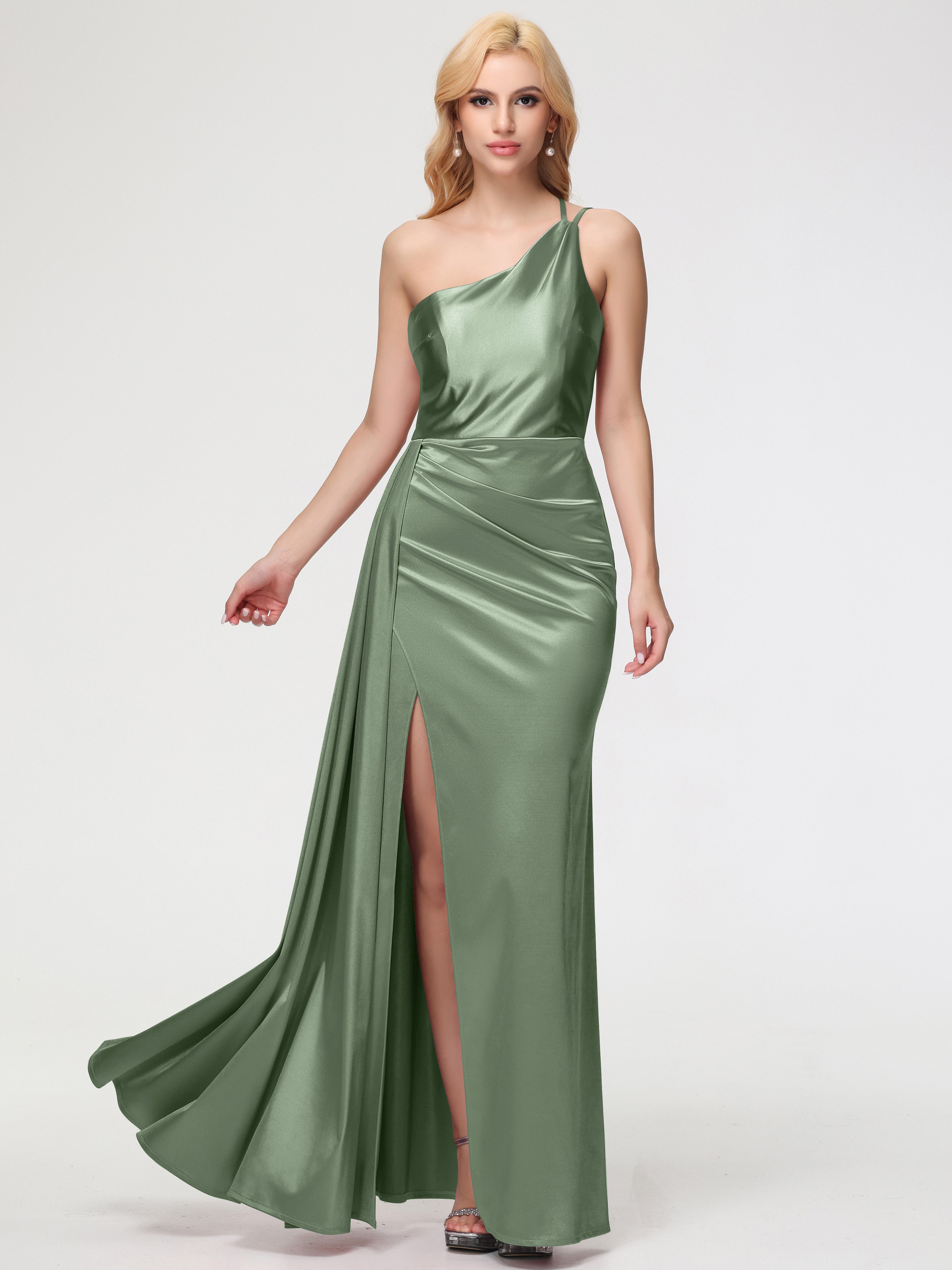 Robes De Demoiselle D'Honneur Vert Sauge Poussiéreux Seule-épaule Satin Extensible Fourreau/Colonne Fendue Robe De Demoiselle D'Honneur