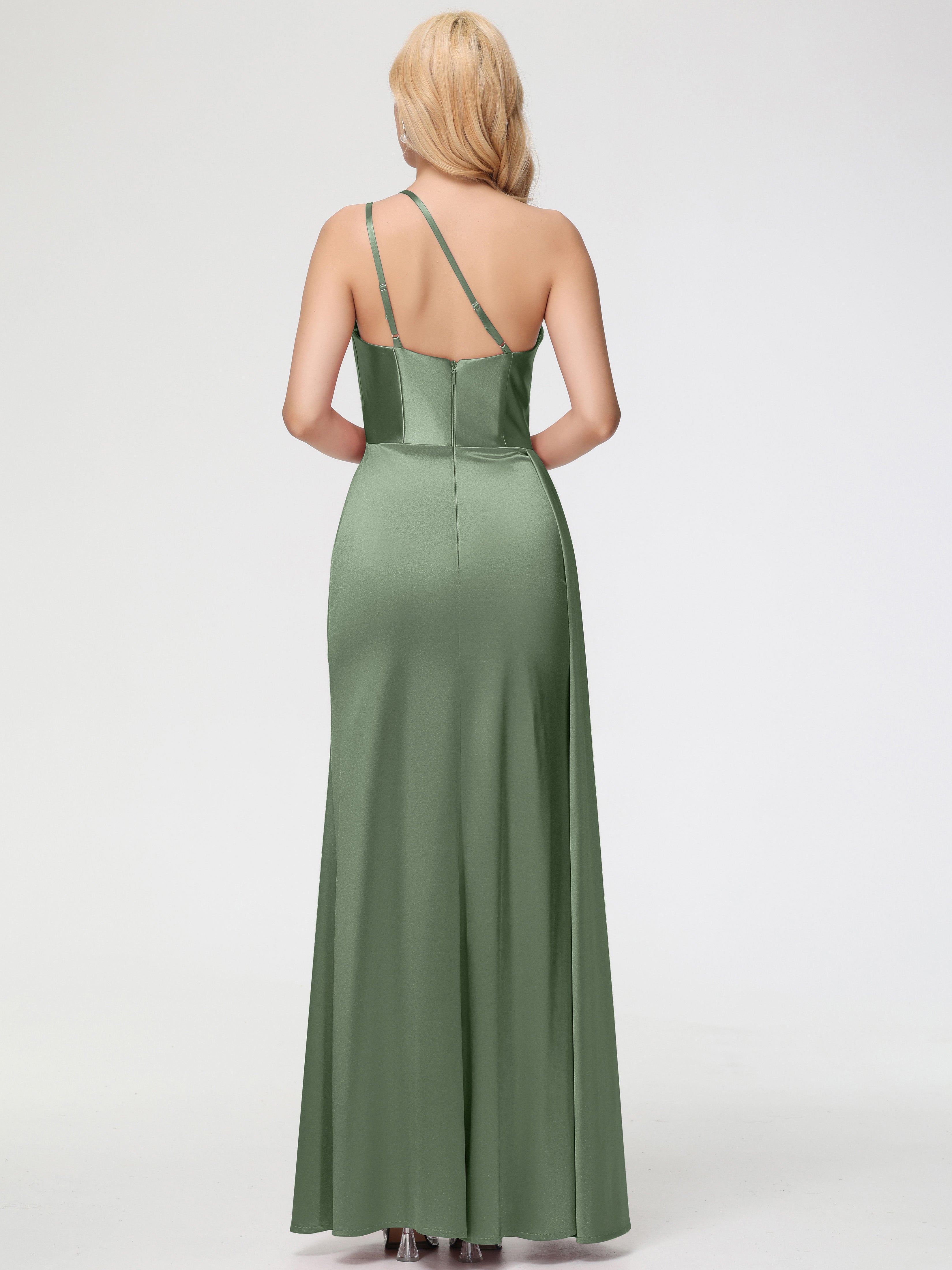 Robes De Demoiselle D'Honneur Vert Sauge Poussiéreux Seule-épaule Satin Extensible Fourreau/Colonne Fendue Robe De Demoiselle D'Honneur