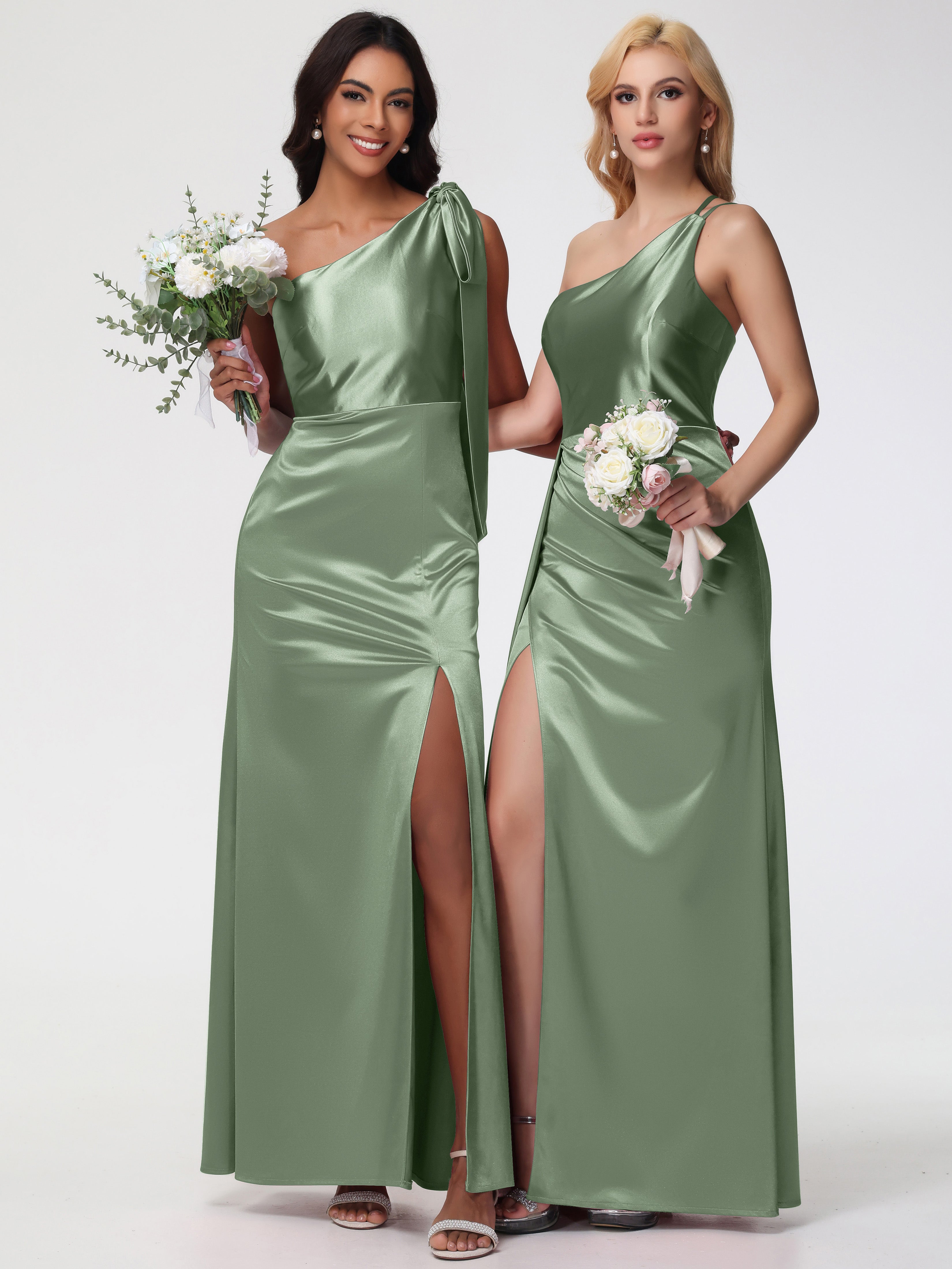 Robes De Demoiselle D'Honneur Vert Sauge Poussiéreux Seule-épaule Satin Extensible Fourreau/Colonne Fendue Robe De Demoiselle D'Honneur