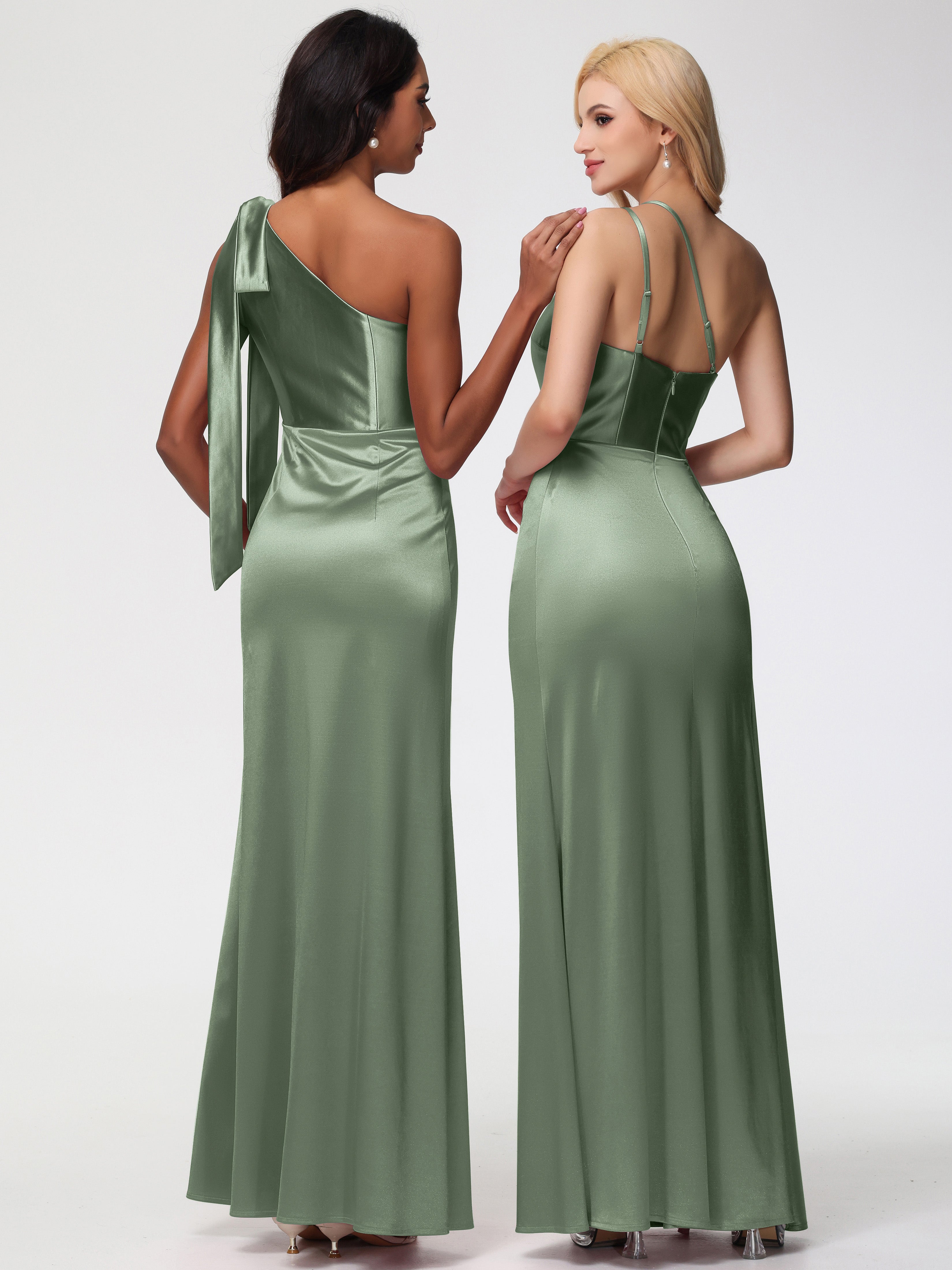 Robes De Demoiselle D'Honneur Vert Sauge Poussiéreux Seule-épaule Satin Extensible Fourreau/Colonne Fendue Robe De Demoiselle D'Honneur