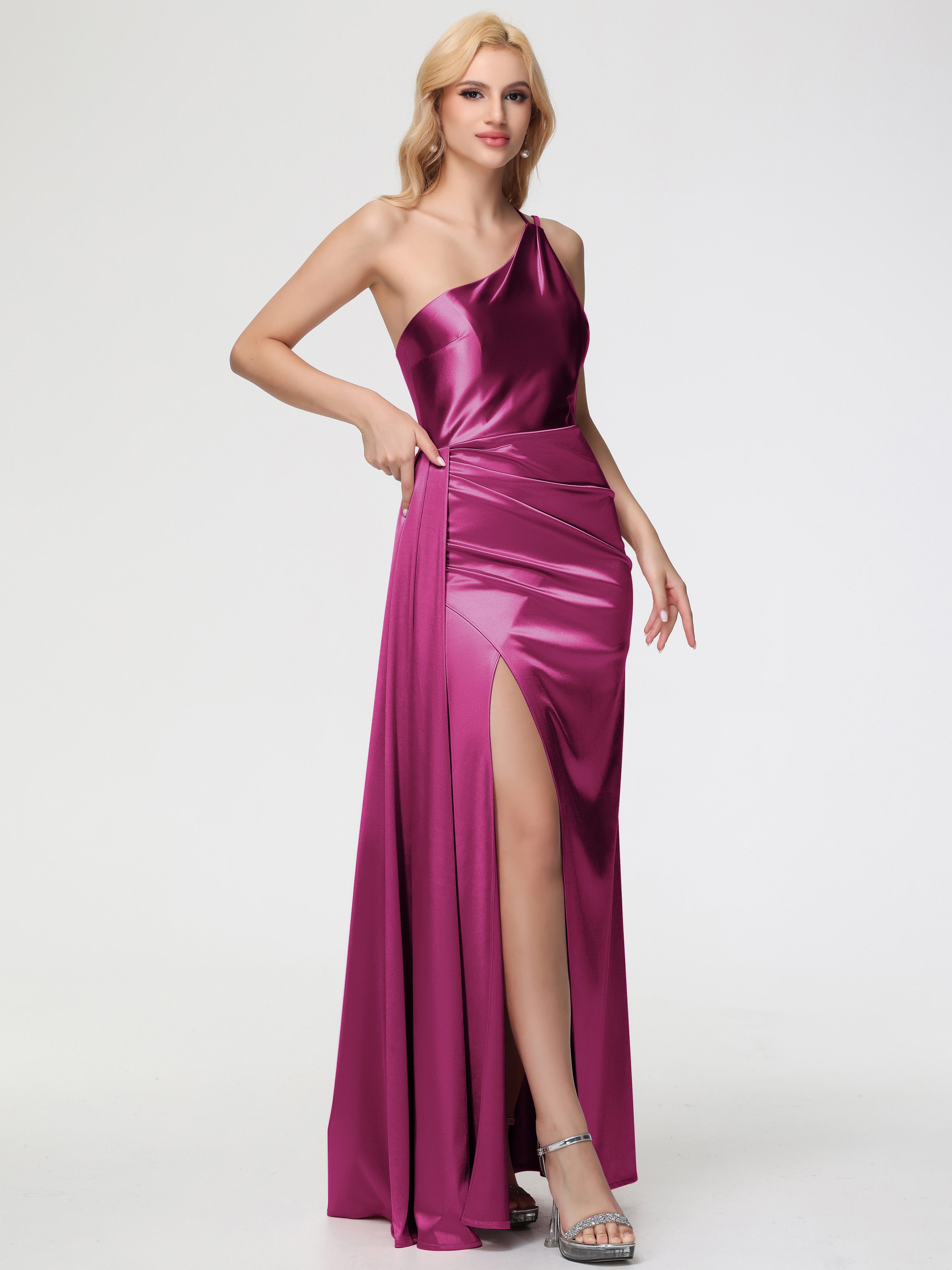 Robes De Demoiselle D'Honneur Couleur Fuchsia Rose Seule-épaule Satin Extensible Fourreau/Colonne Fendue Robe De Demoiselle D'Honneur