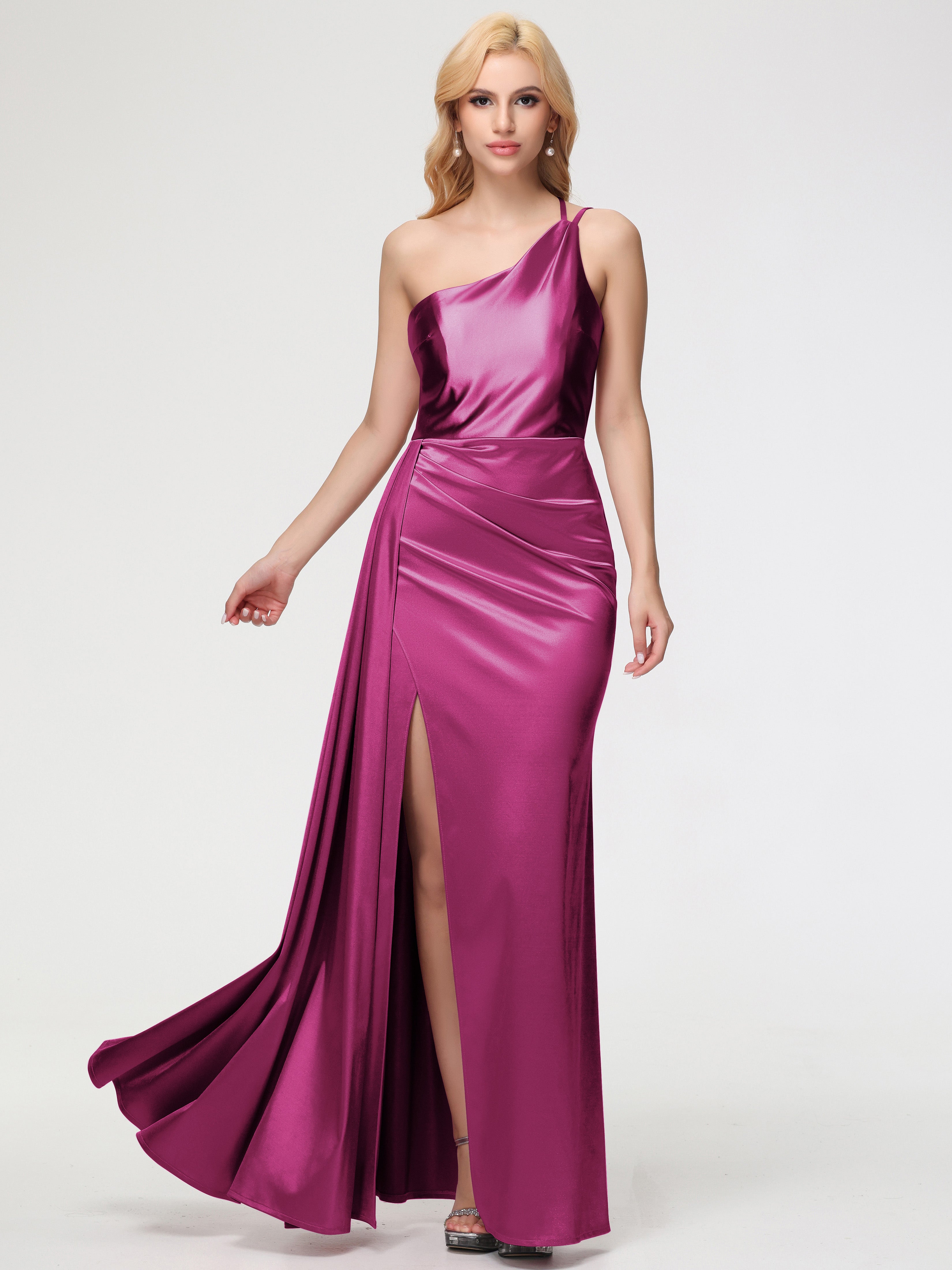 Robes De Demoiselle D'Honneur Couleur Fuchsia Rose Seule-épaule Satin Extensible Fourreau/Colonne Fendue Robe De Demoiselle D'Honneur