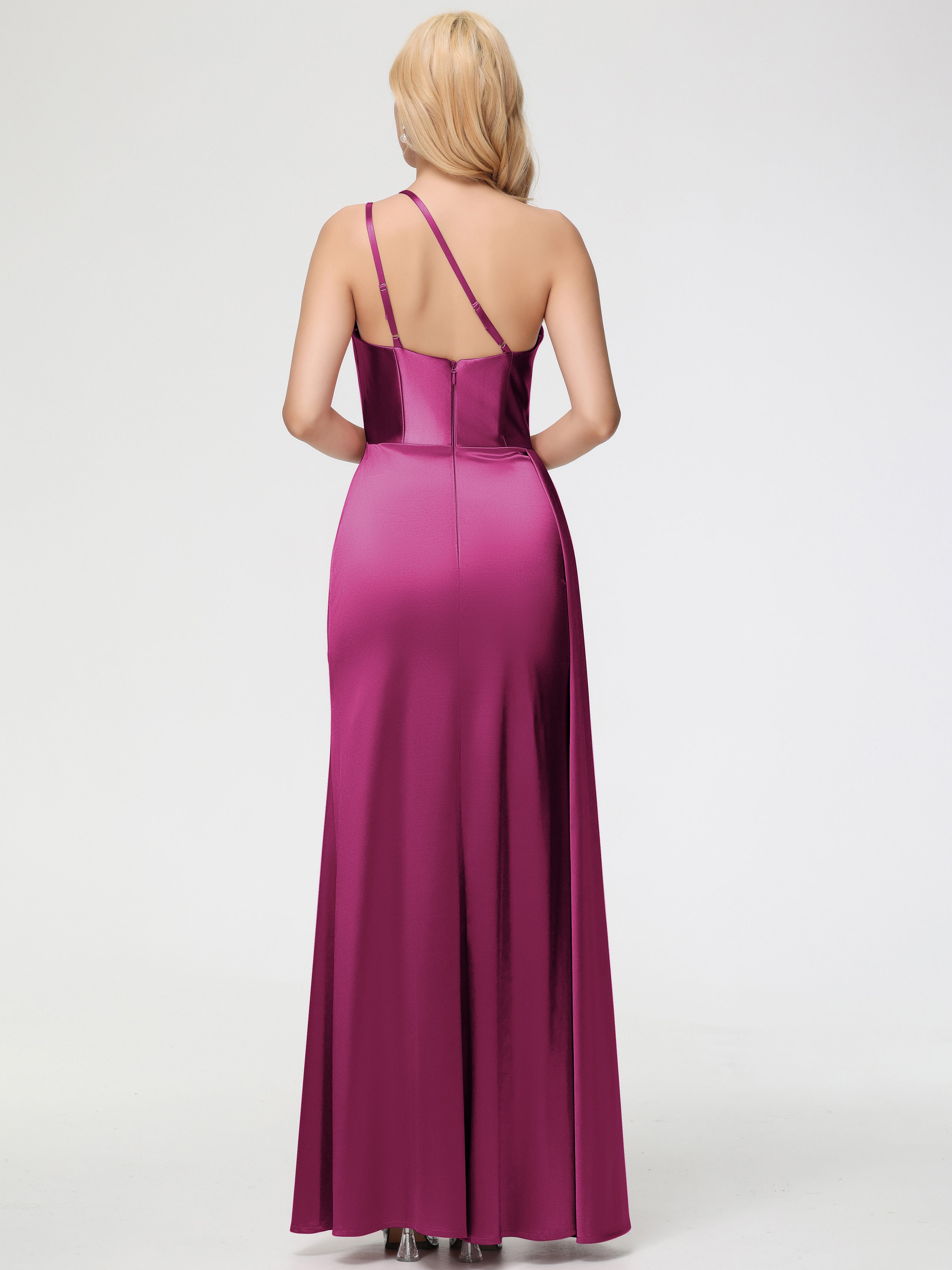 Robes De Demoiselle D'Honneur Couleur Fuchsia Rose Seule-épaule Satin Extensible Fourreau/Colonne Fendue Robe De Demoiselle D'Honneur