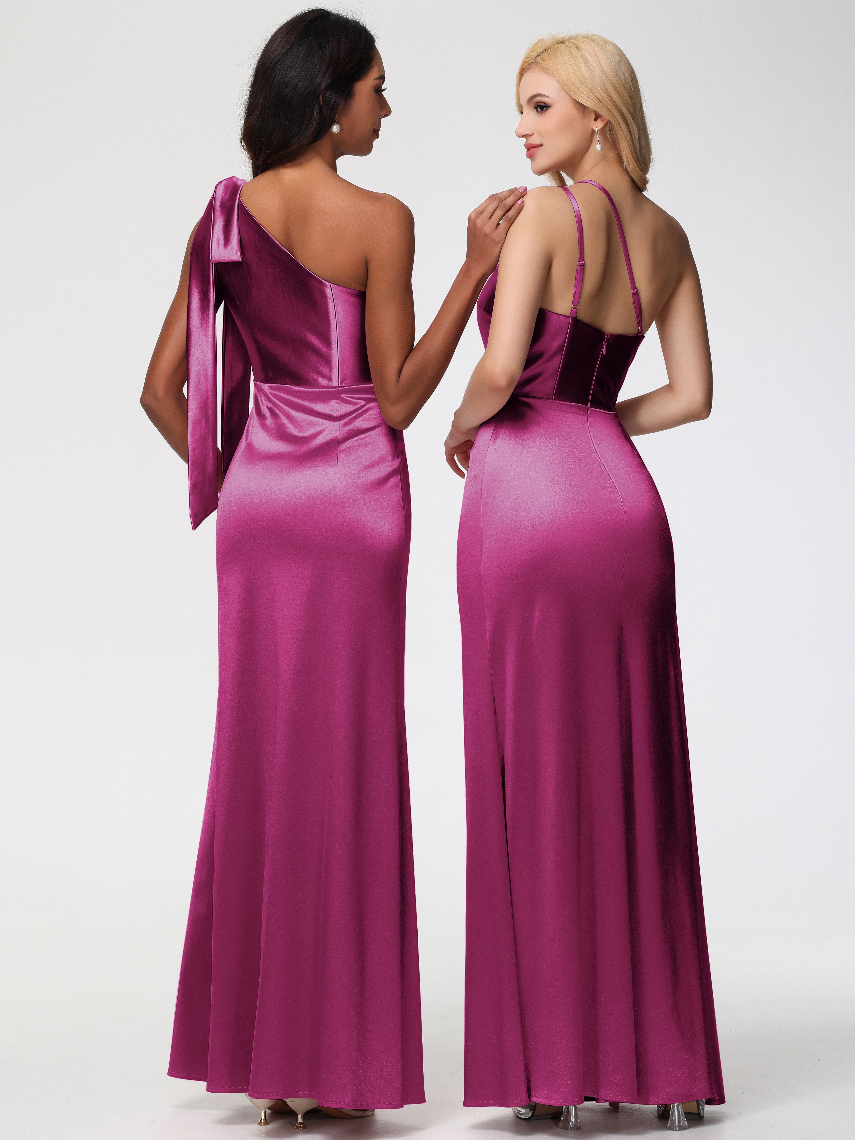 Robes De Demoiselle D'Honneur Couleur Fuchsia Rose Seule-épaule Satin Extensible Fourreau/Colonne Fendue Robe De Demoiselle D'Honneur