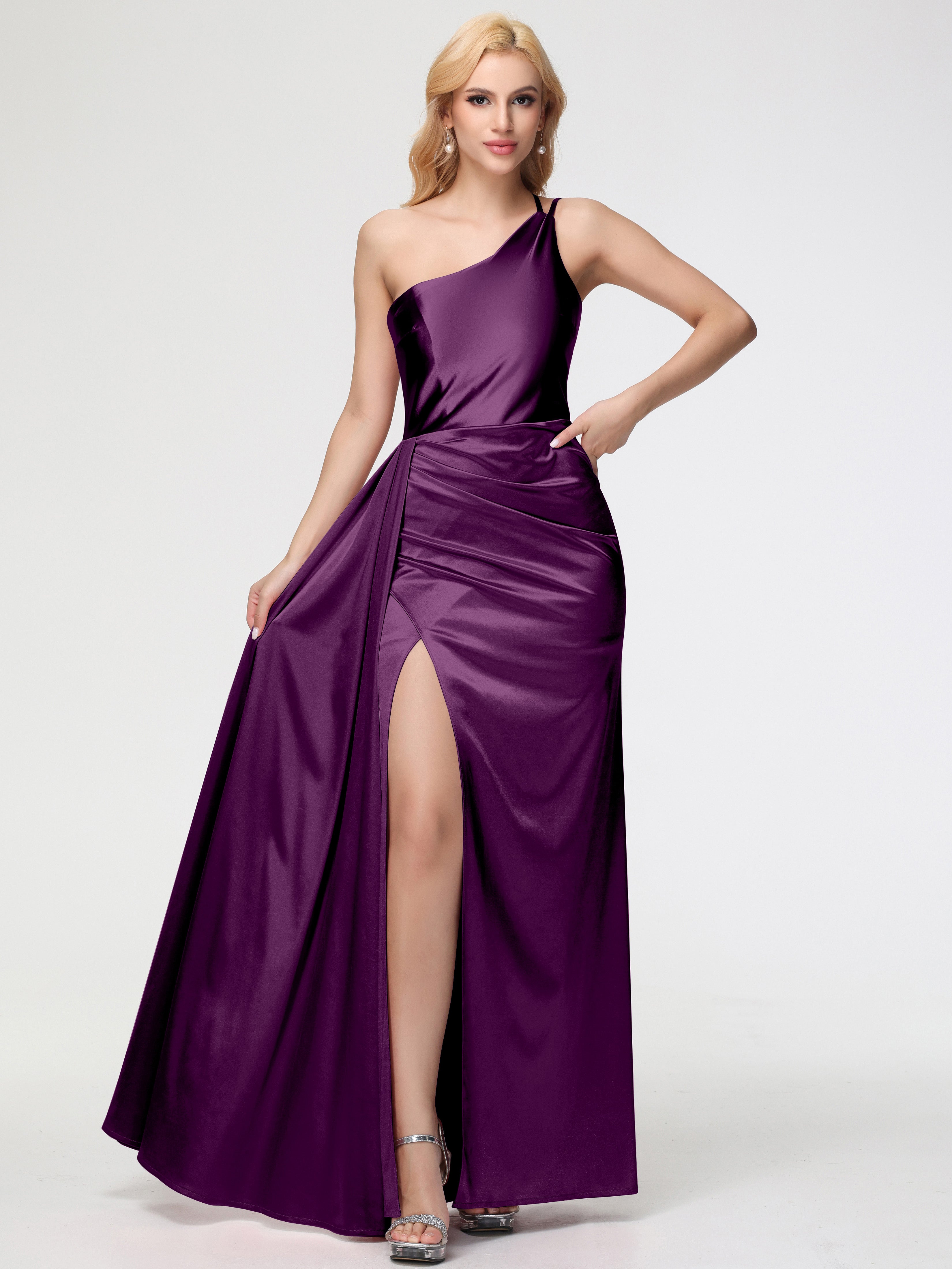 Robes De Demoiselle D'Honneur Raisin Seule-épaule Satin Extensible Fourreau/Colonne Fendue Robe De Demoiselle D'Honneur