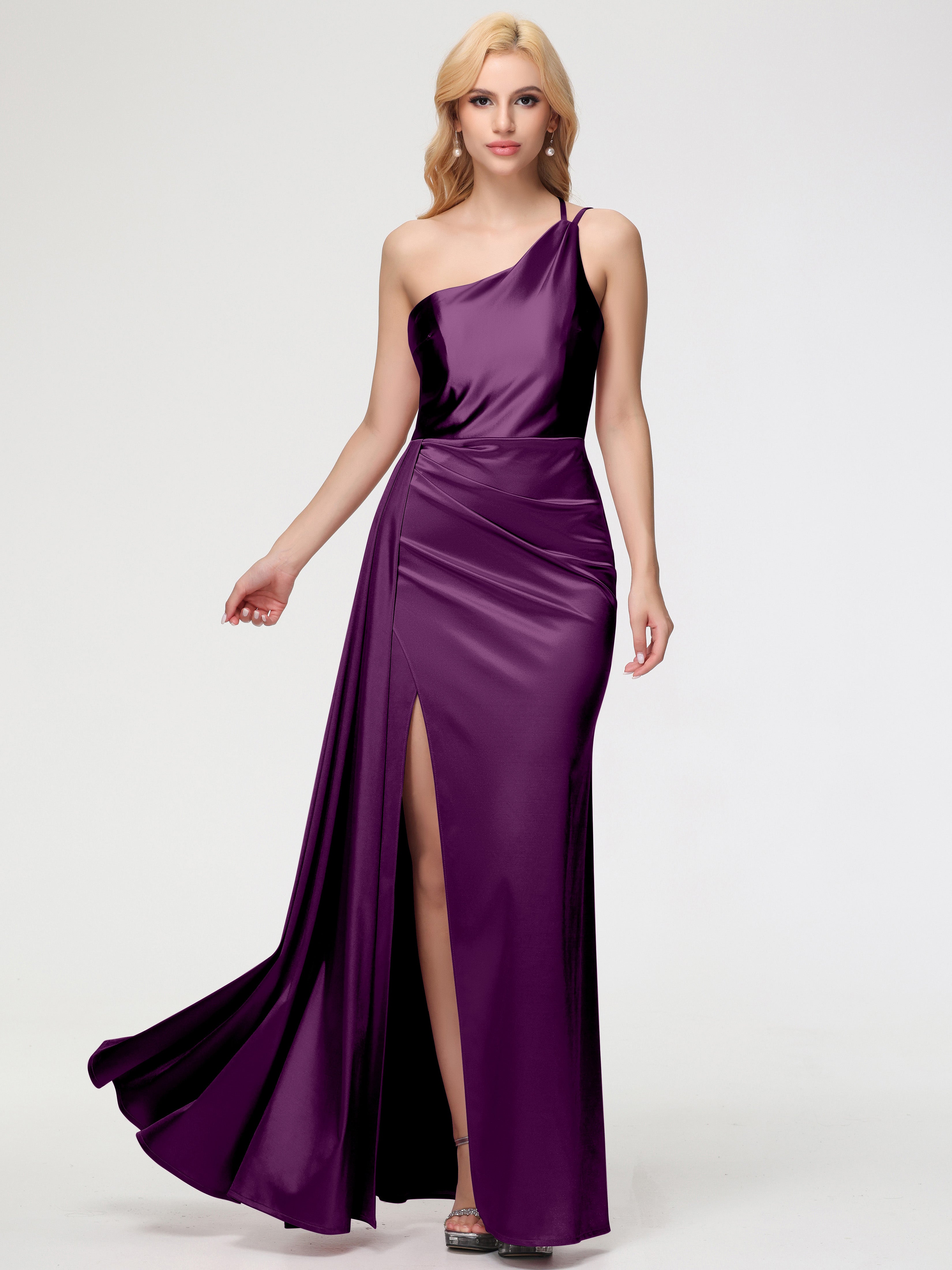 Robes De Demoiselle D'Honneur Raisin Seule-épaule Satin Extensible Fourreau/Colonne Fendue Robe De Demoiselle D'Honneur