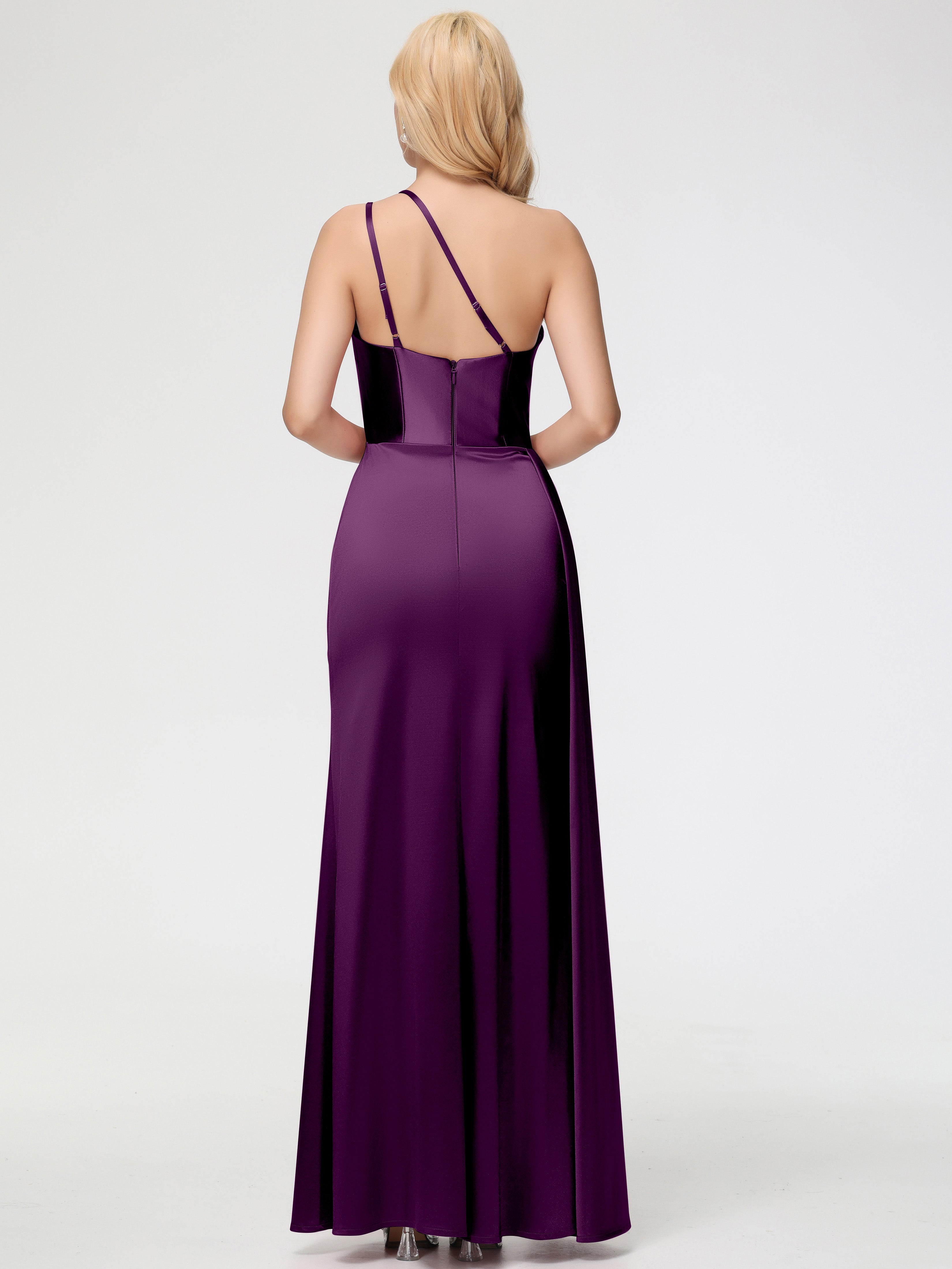 Robes De Demoiselle D'Honneur Raisin Seule-épaule Satin Extensible Fourreau/Colonne Fendue Robe De Demoiselle D'Honneur