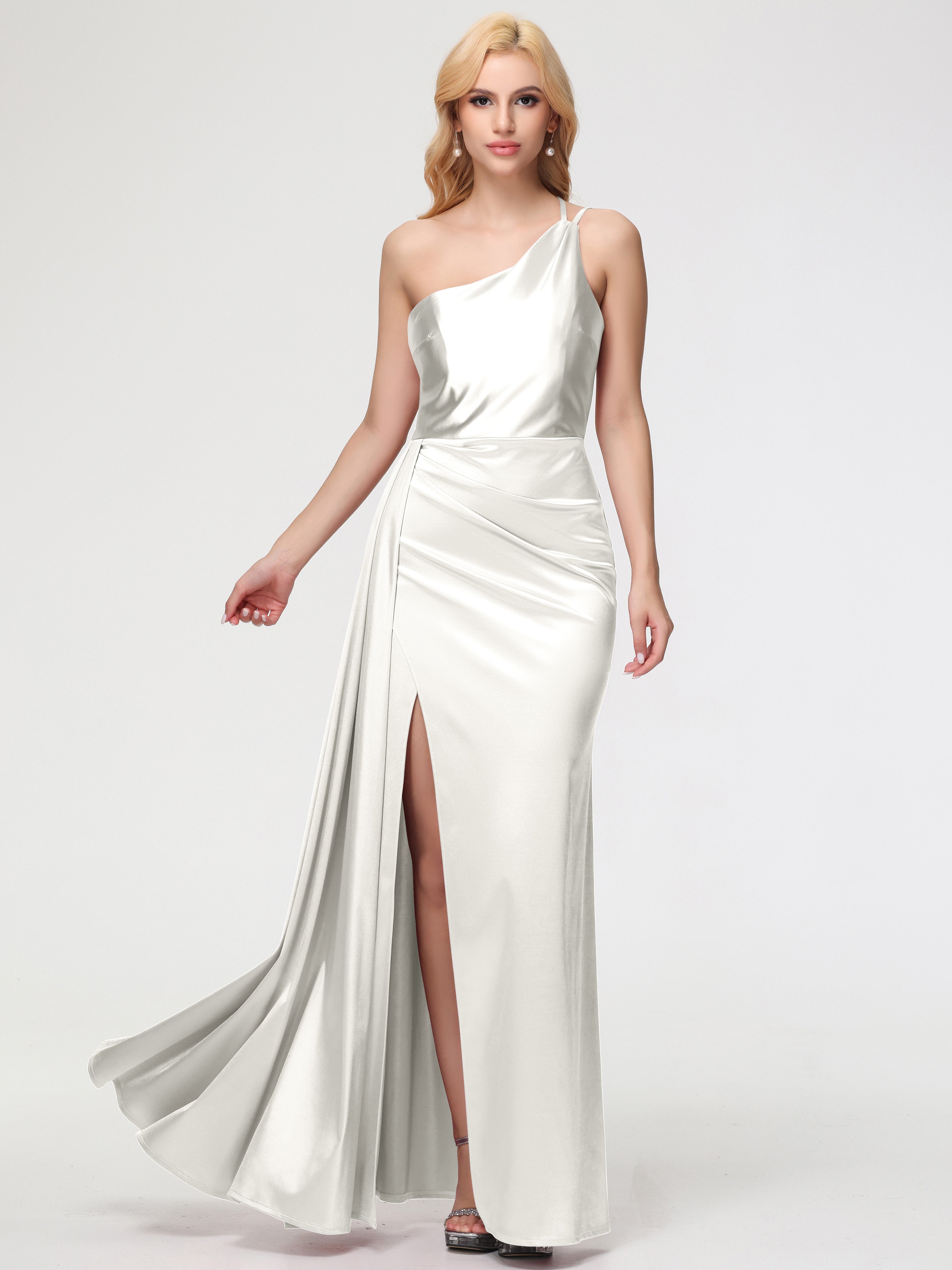Robe De Demoiselle D Honneur Ivoire Seule-épaule Satin Extensible Fourreau/Colonne Fendue Robe De Demoiselle D'Honneur