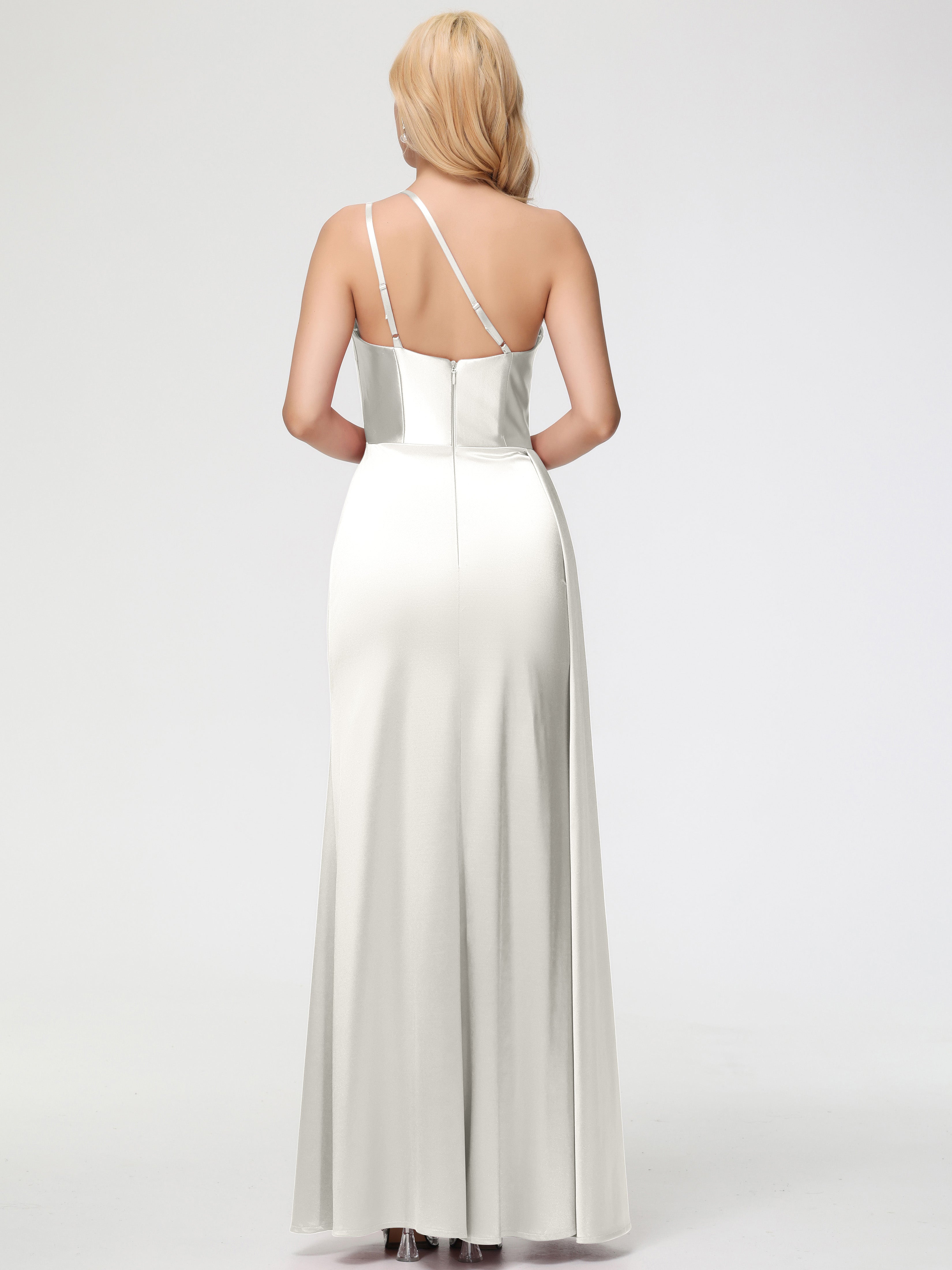 Robe De Demoiselle D Honneur Ivoire Seule-épaule Satin Extensible Fourreau/Colonne Fendue Robe De Demoiselle D'Honneur