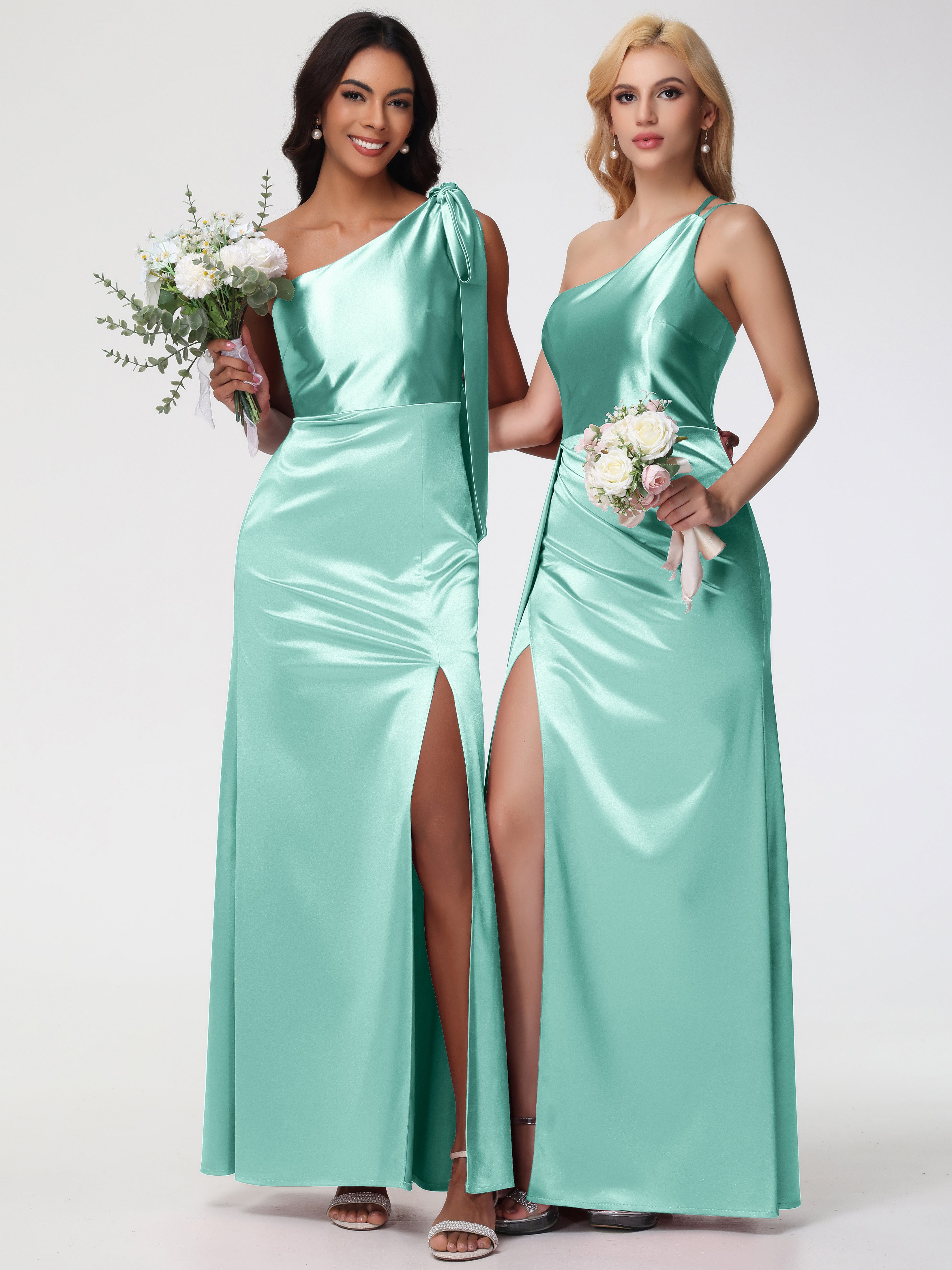 Robe Demoiselle D Honneur Vert Menthe Seule-épaule Satin Extensible Fourreau/Colonne Fendue Robe De Demoiselle D'Honneur