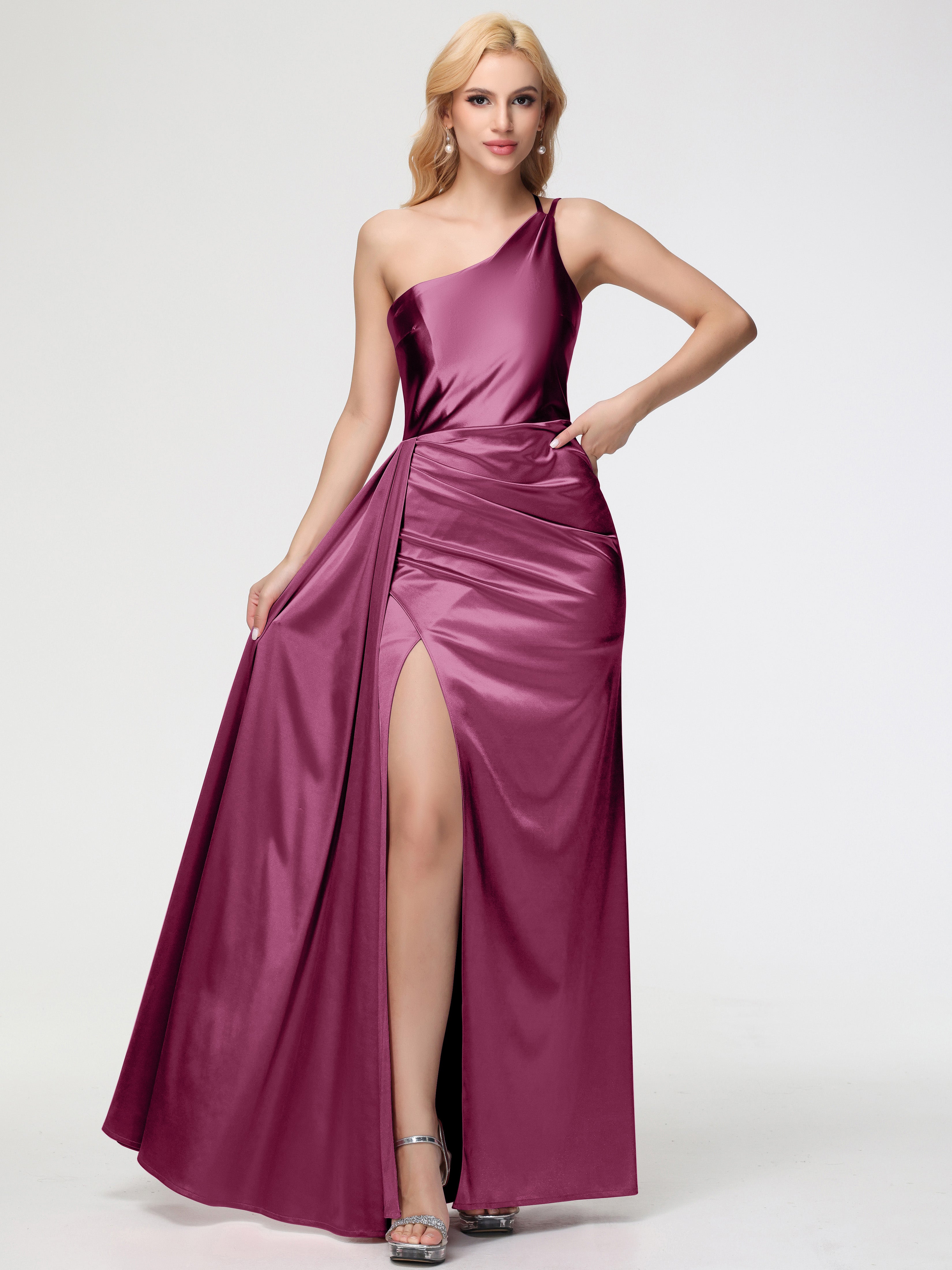 Robes De Demoiselle D'Honneur Mure Seule-épaule Satin Extensible Fourreau/Colonne Fendue Robe De Demoiselle D'Honneur