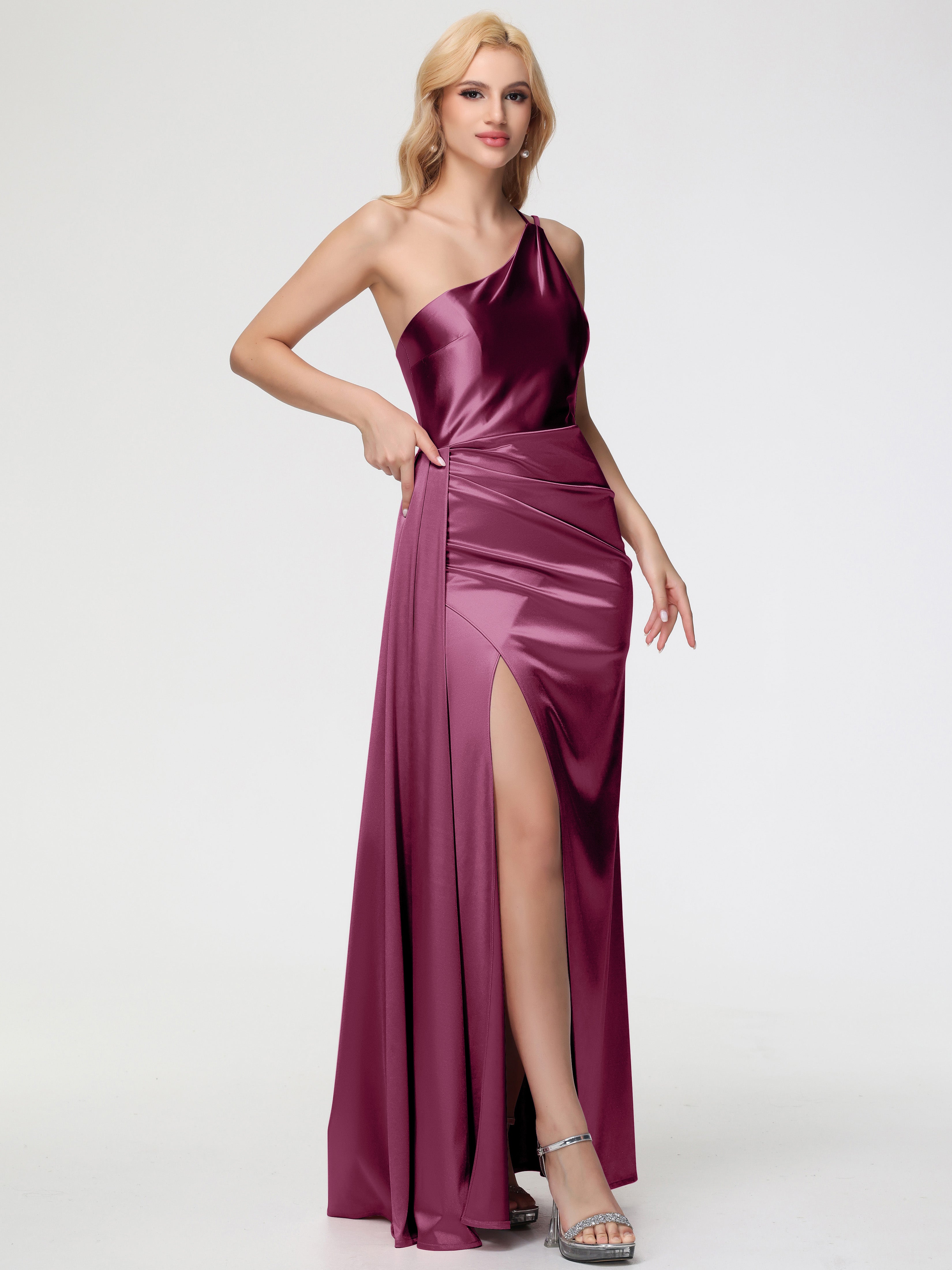 Robes De Demoiselle D'Honneur Mure Seule-épaule Satin Extensible Fourreau/Colonne Fendue Robe De Demoiselle D'Honneur